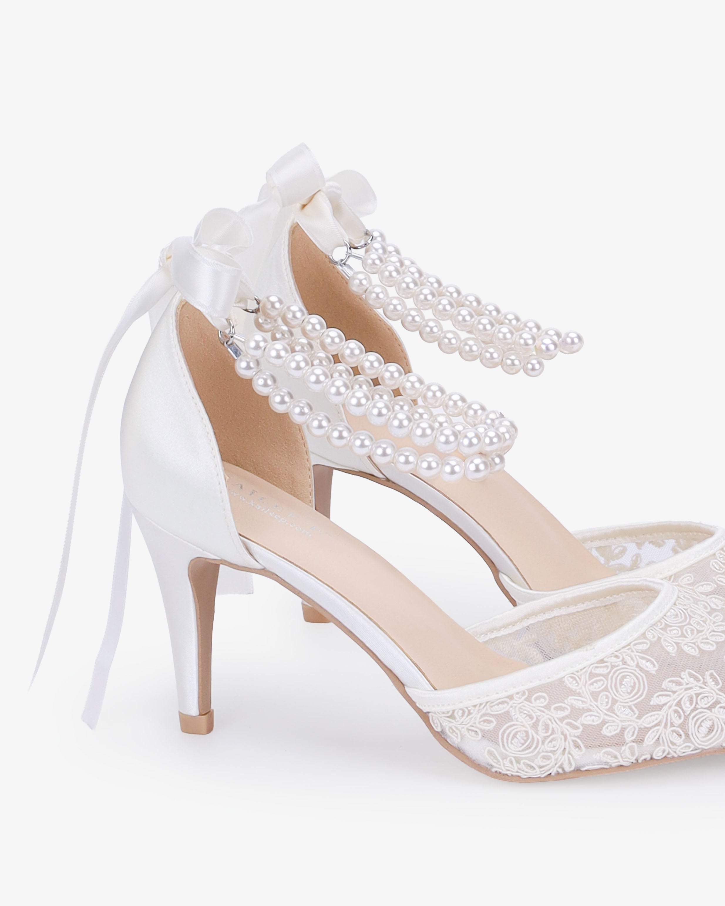 Wedding Lace Heels with Double Pearls Ankle Strap