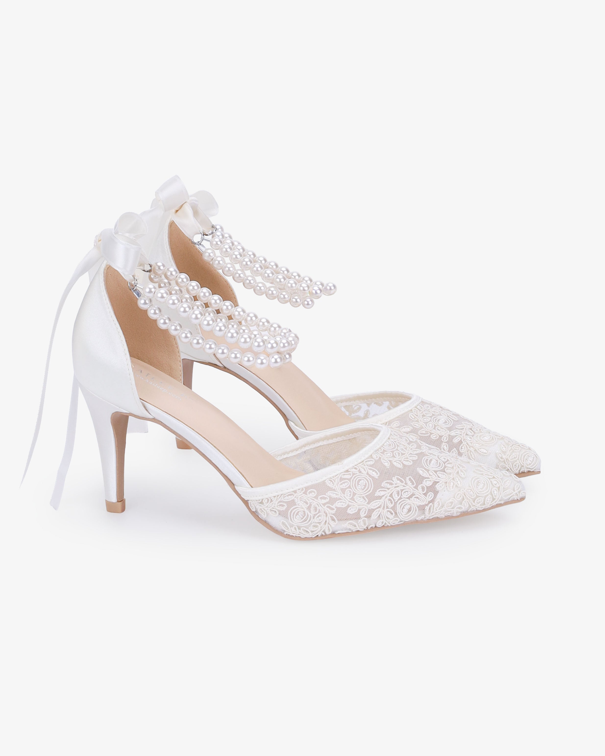 Wedding Lace Heels with Double Pearls Ankle Strap