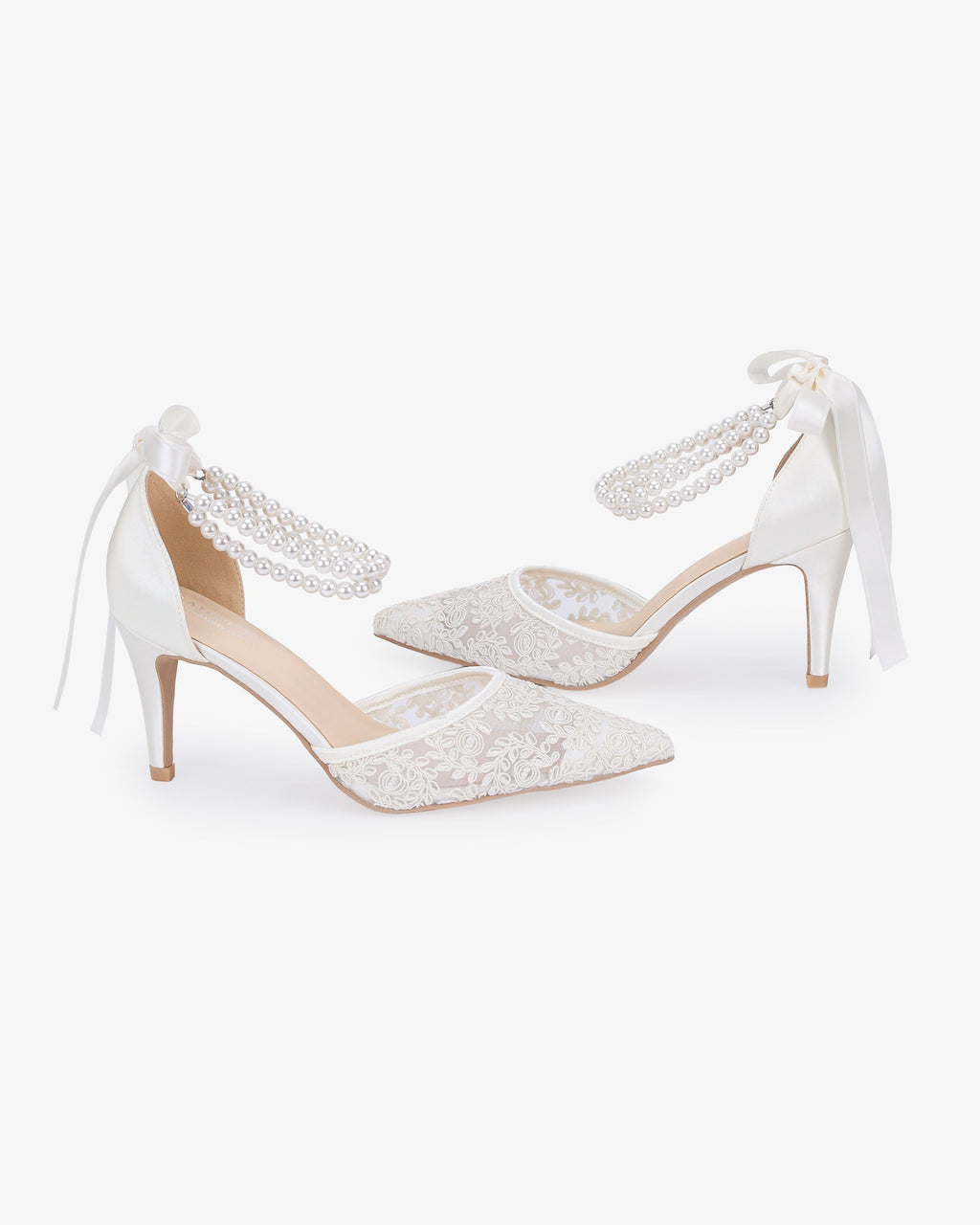 Wedding Lace Heels with Double Pearls Ankle Strap