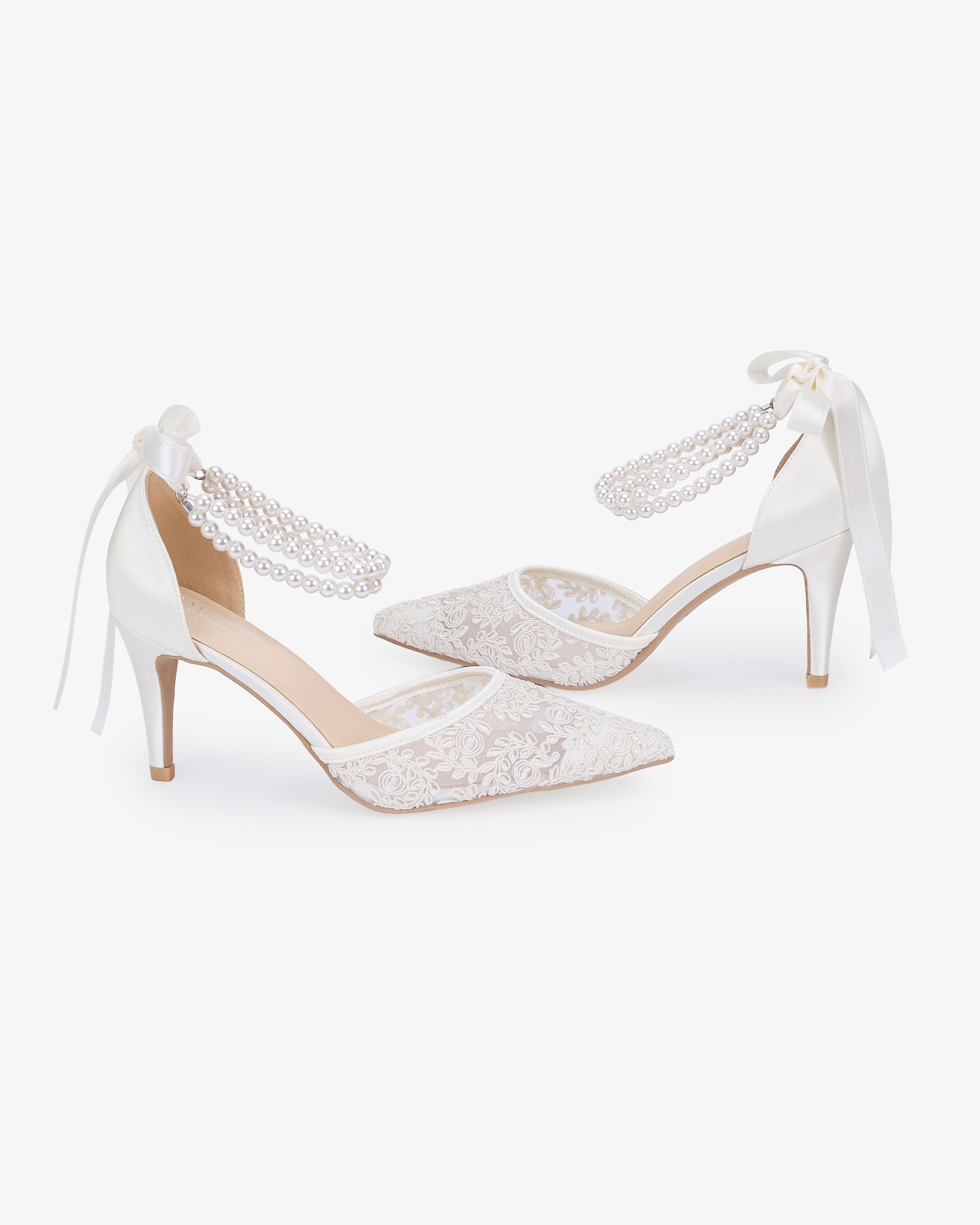 Wedding Lace Heels with Double Pearls Ankle Strap