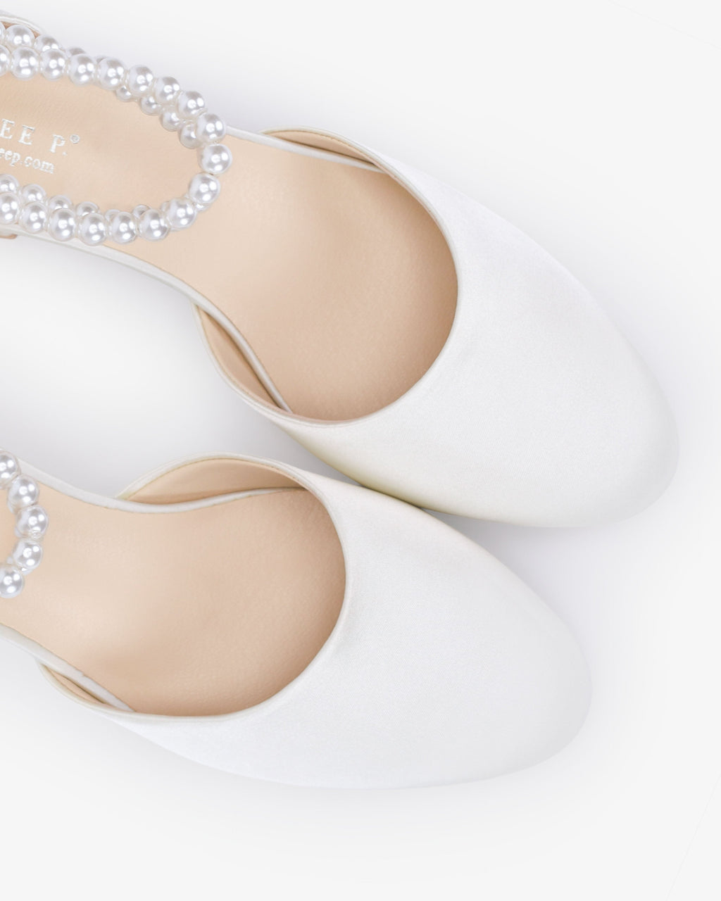 Round Toe Satin Low Block Heel with Double Pearls Ankle Strap