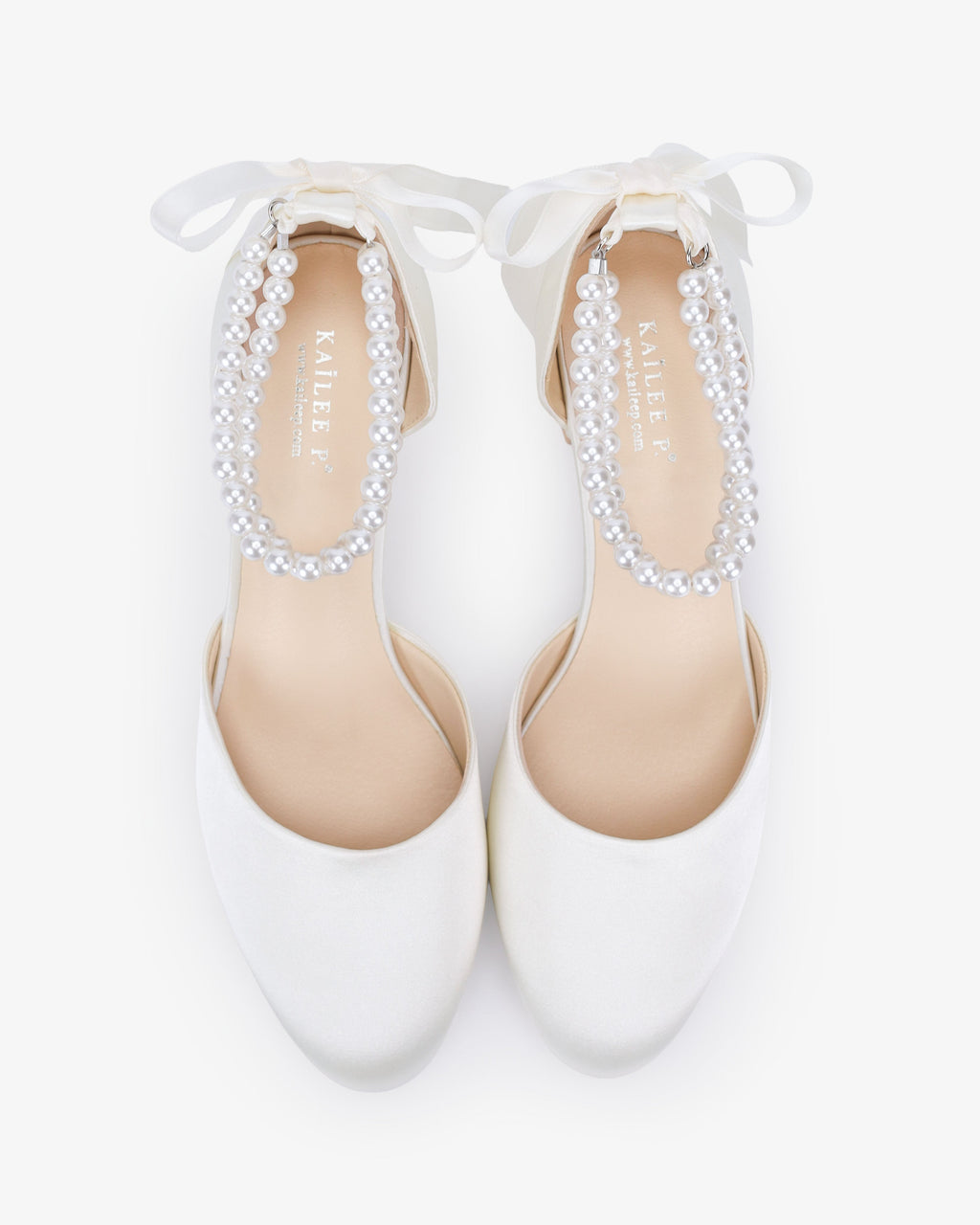 Round Toe Satin Low Block Heel with Double Pearls Ankle Strap