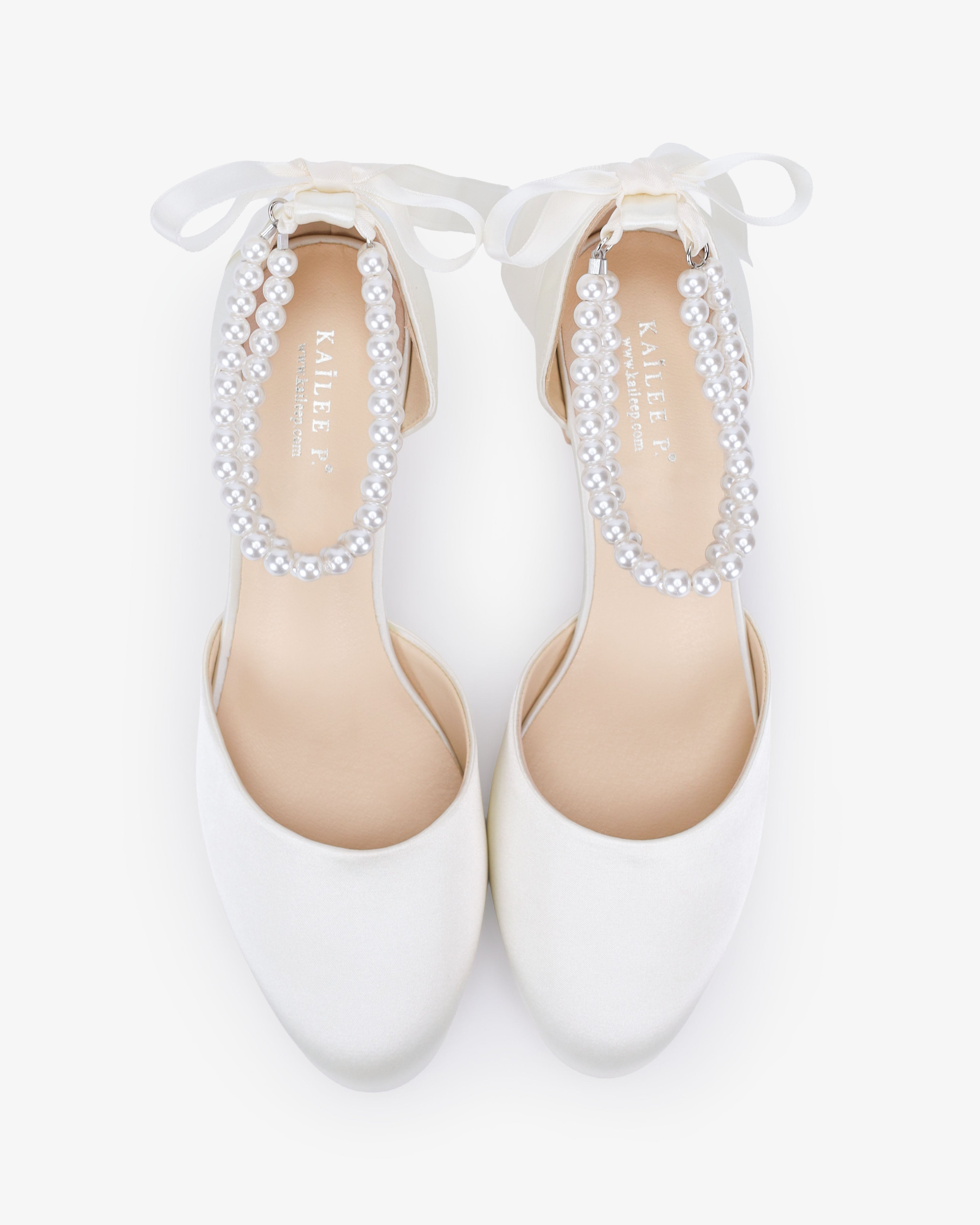 Round Toe Satin Low Block Heel with Double Pearls Ankle Strap