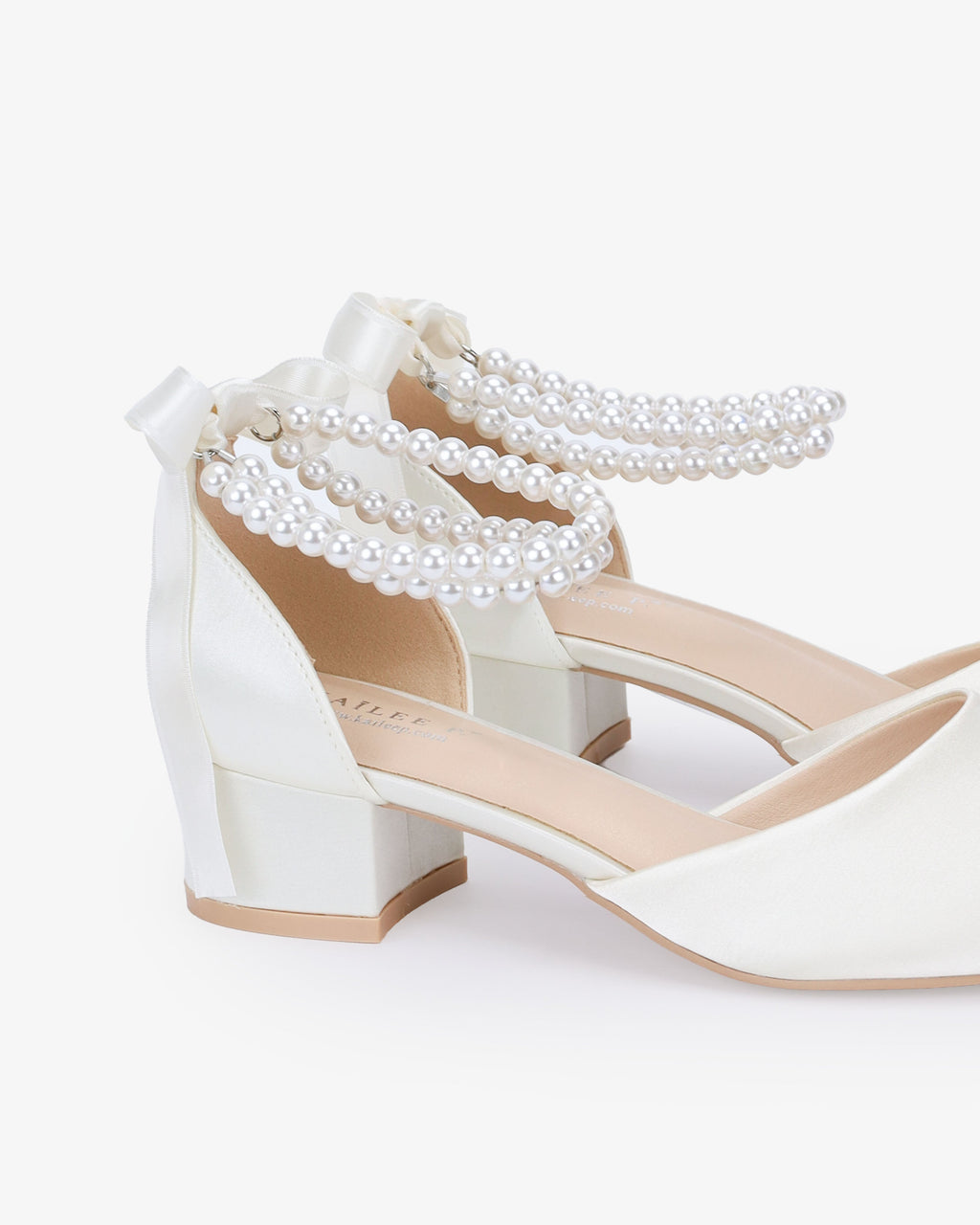 Round Toe Satin Low Block Heel with Double Pearls Ankle Strap