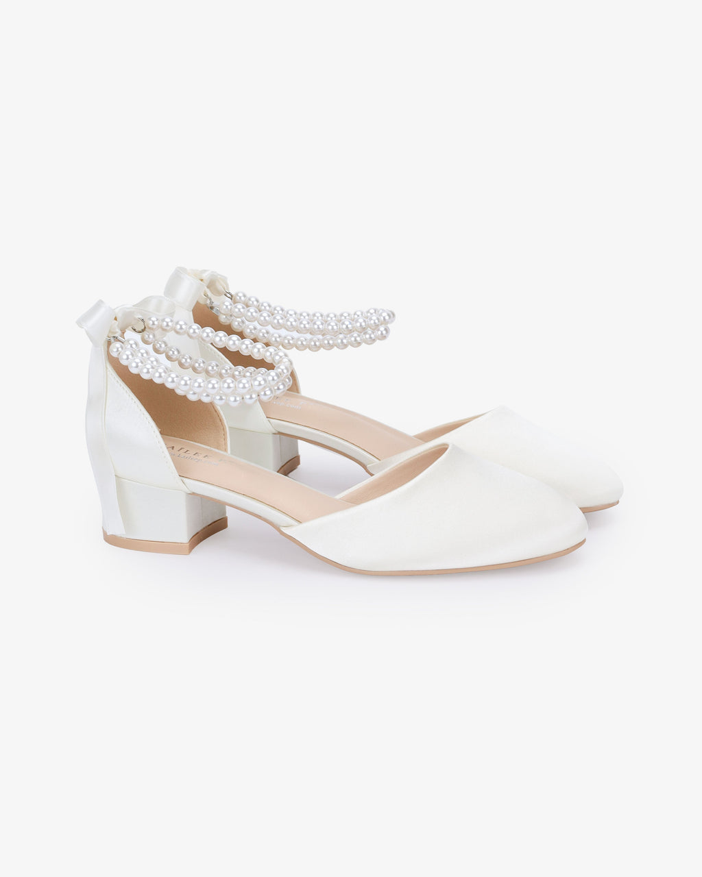 Round Toe Satin Low Block Heel with Double Pearls Ankle Strap