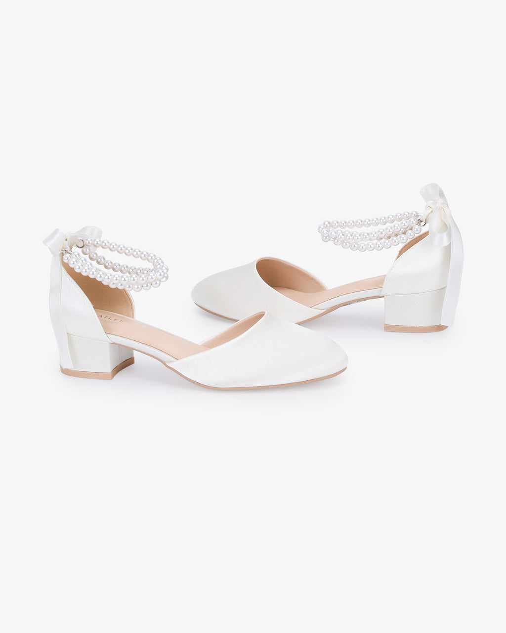 Round Toe Satin Low Block Heel with Double Pearls Ankle Strap