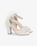 Crochet Lace Block Heel Sandals with Tulle Back Bow