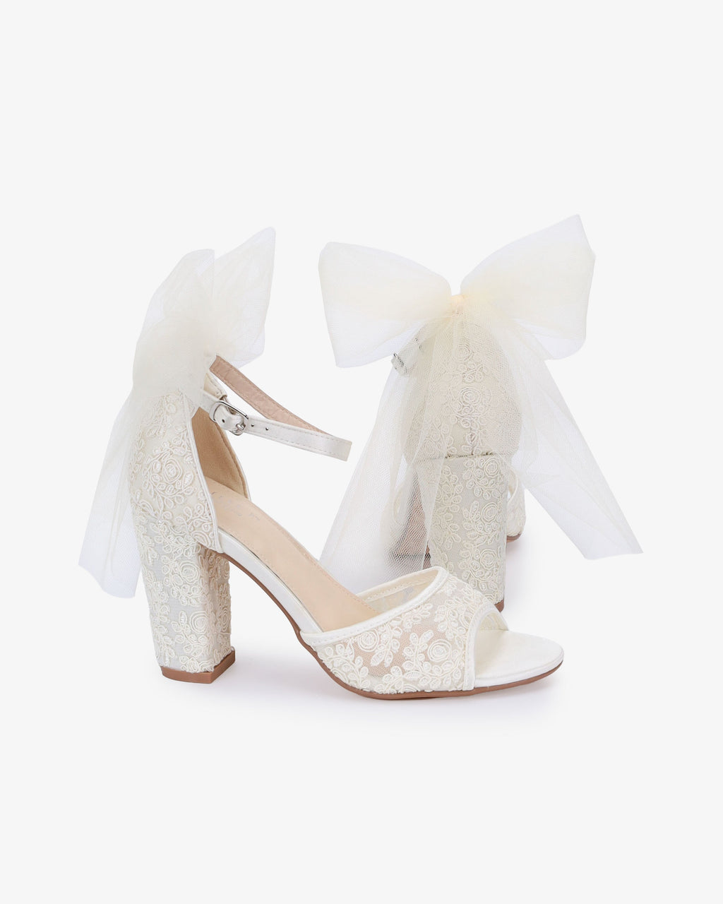 Crochet Lace Block Heel Sandals with Tulle Back Bow