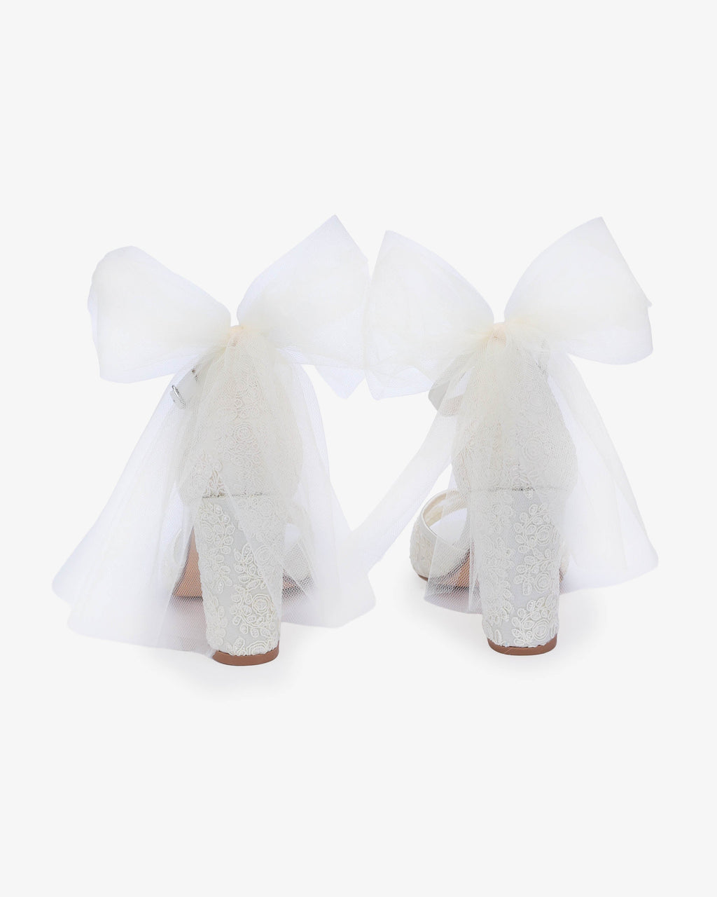 Crochet Lace Block Heel Sandals with Tulle Back Bow