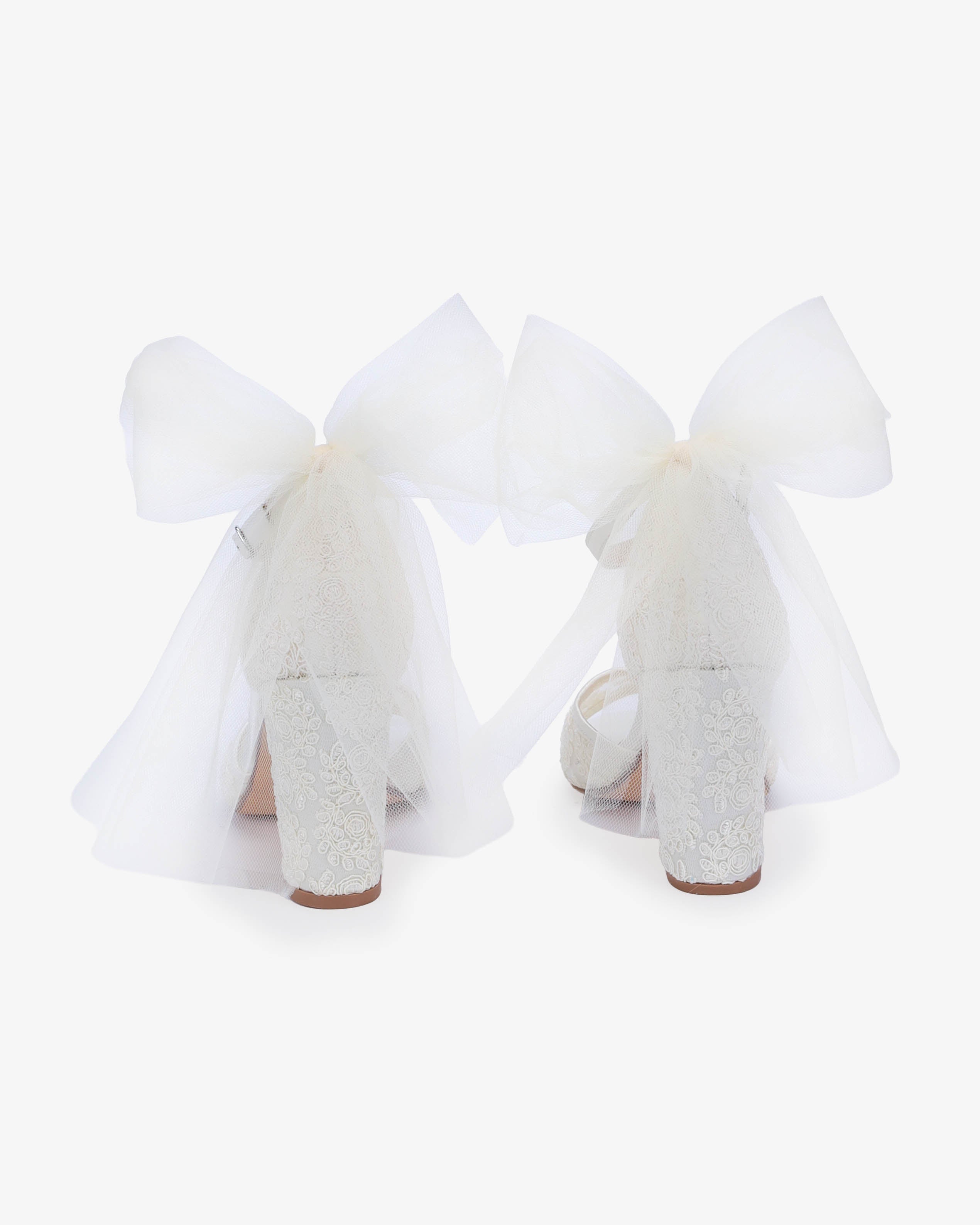 Crochet Lace Block Heel Sandals with Tulle Back Bow