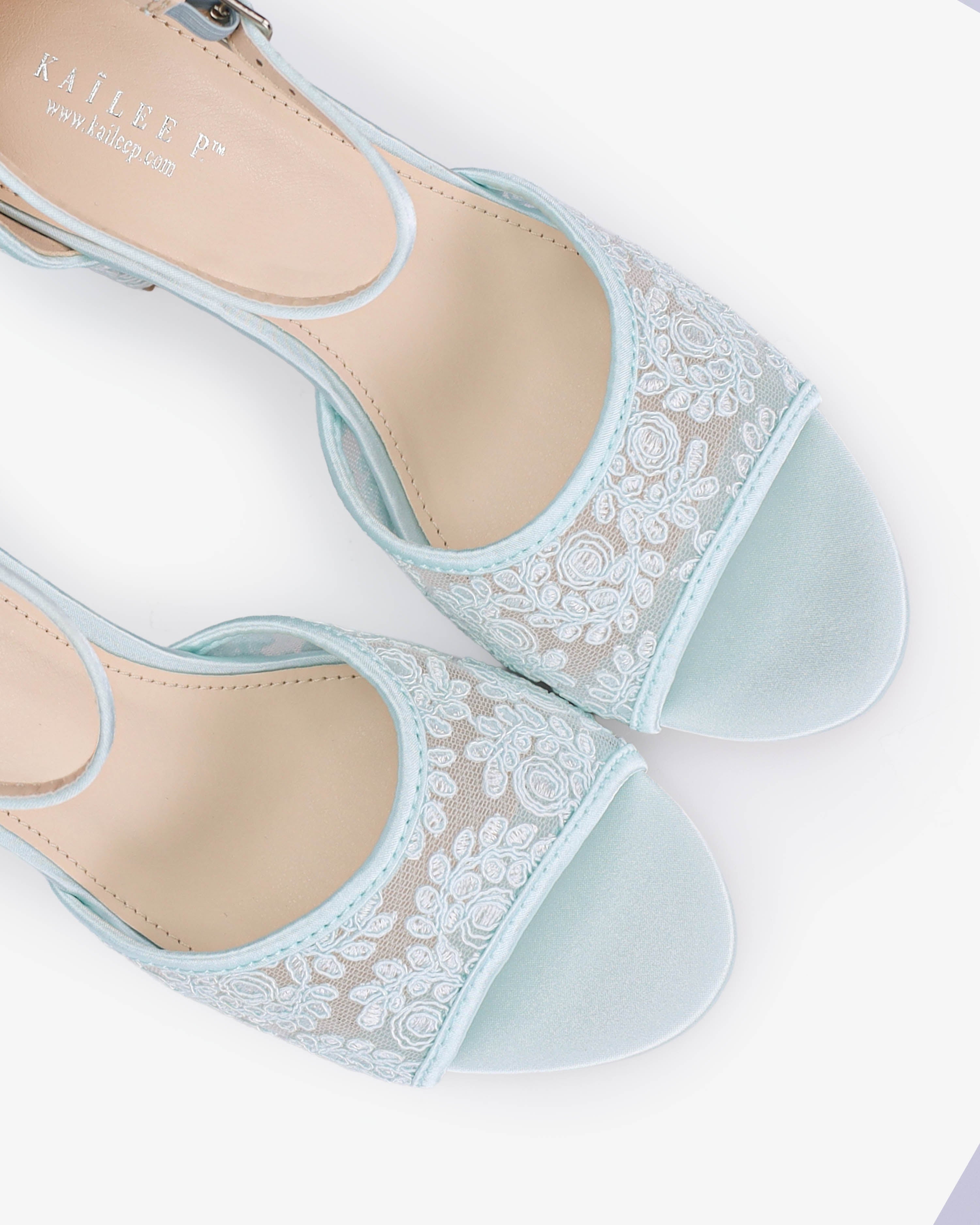Crochet Lace Block Heel Sandals with Tulle Back Bow