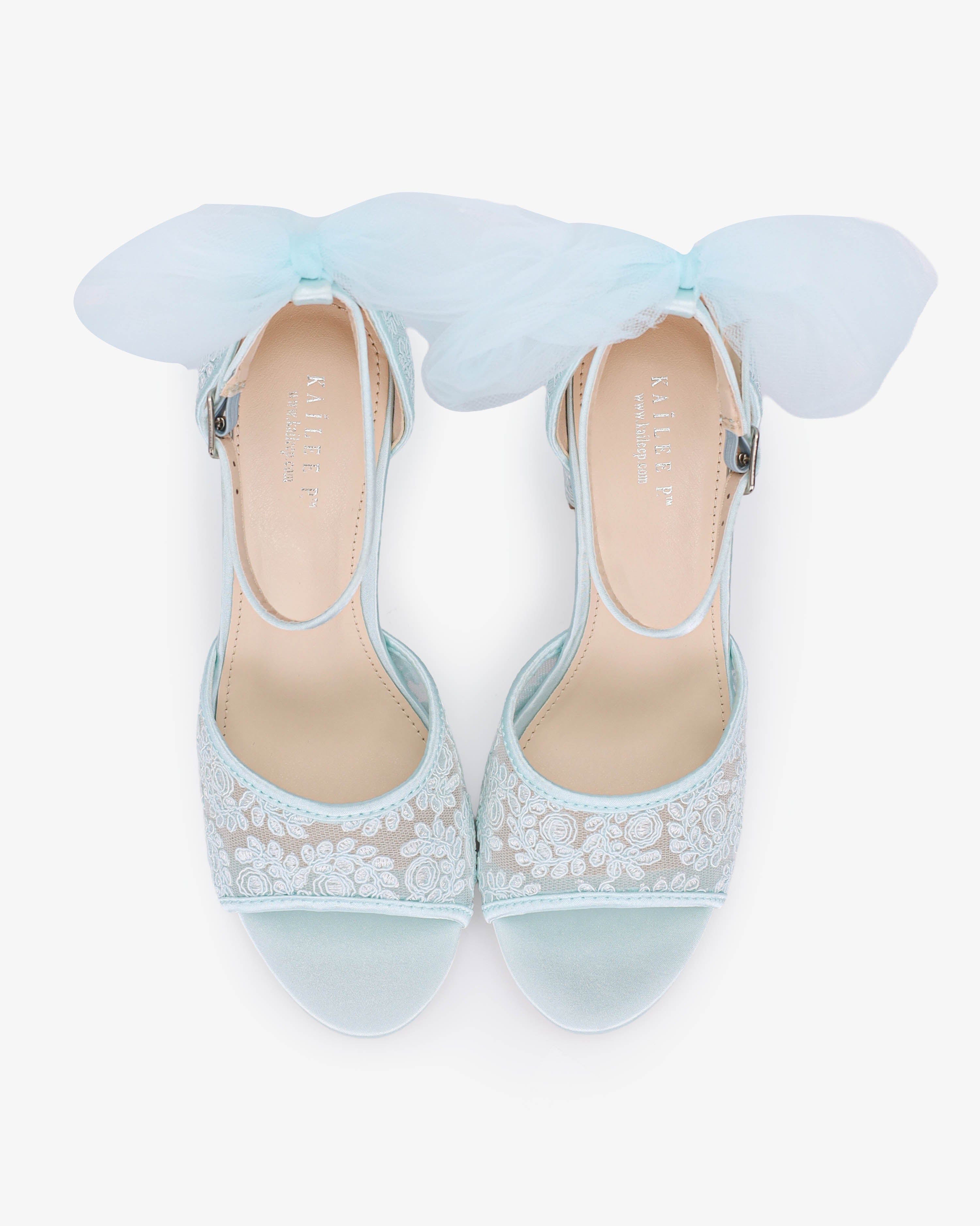 Crochet Lace Block Heel Sandals with Tulle Back Bow