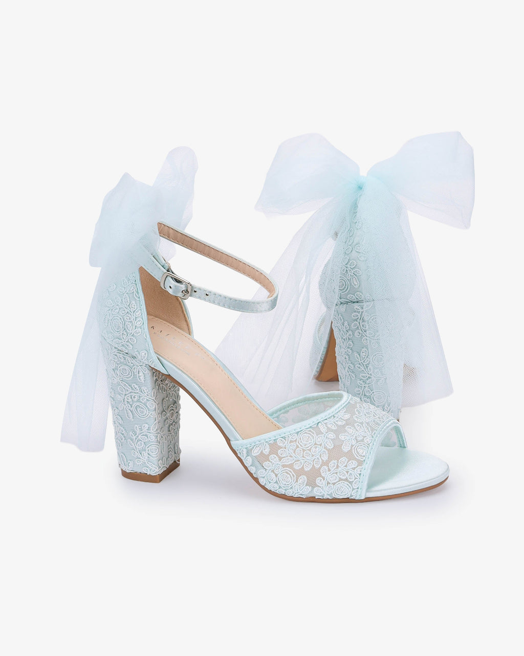 Crochet Lace Block Heel Sandals with Tulle Back Bow