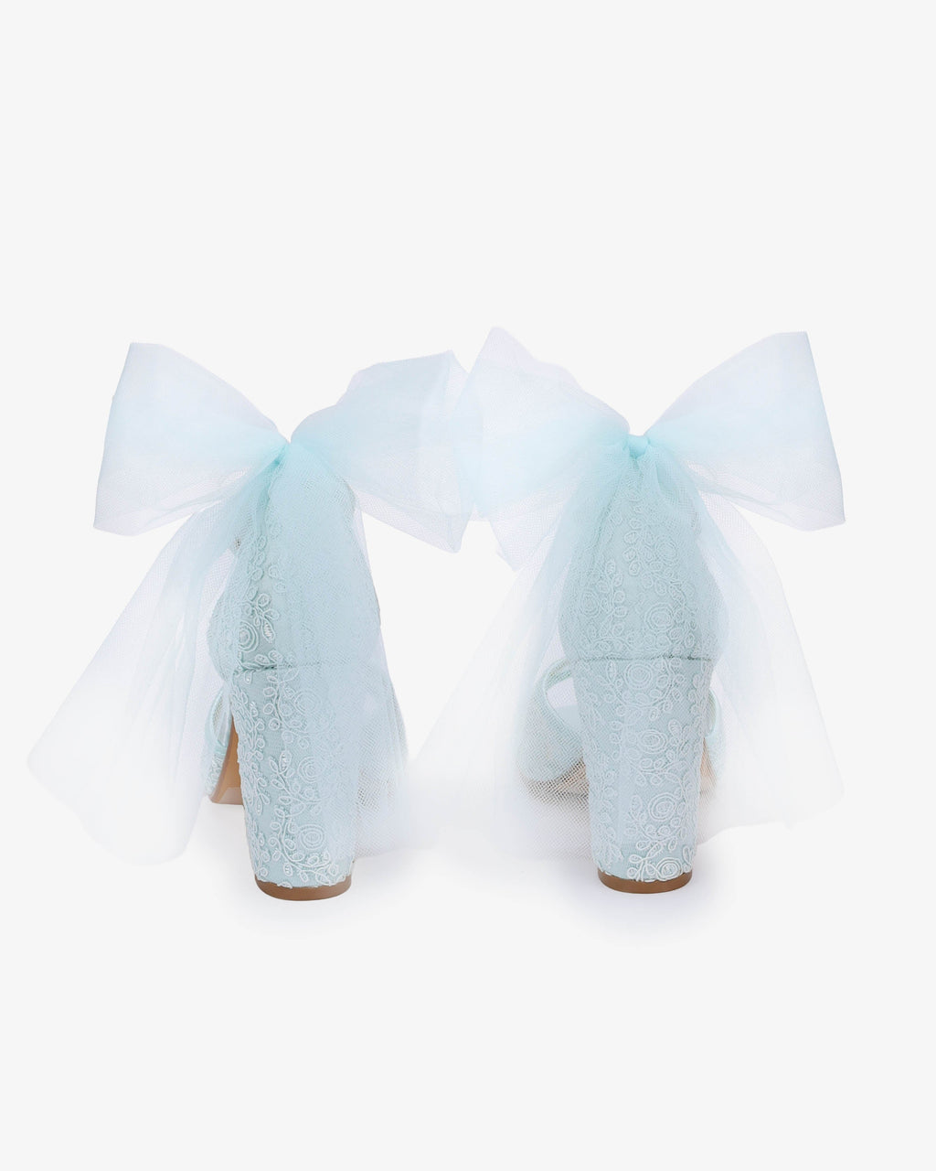 Crochet Lace Block Heel Sandals with Tulle Back Bow
