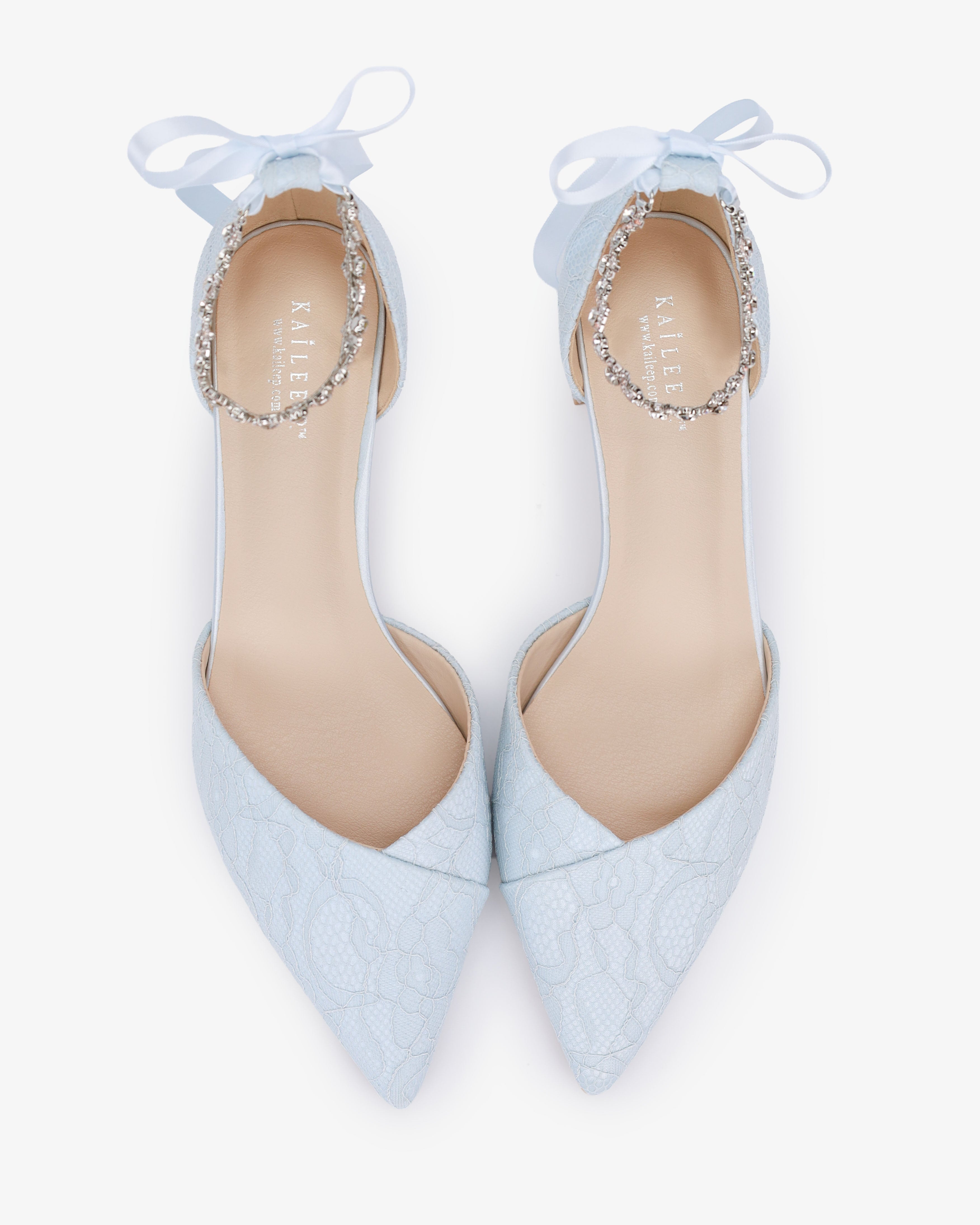 Lace Pointy Toe Low Block Heels Wedding Shoes with Amaryllis Strap