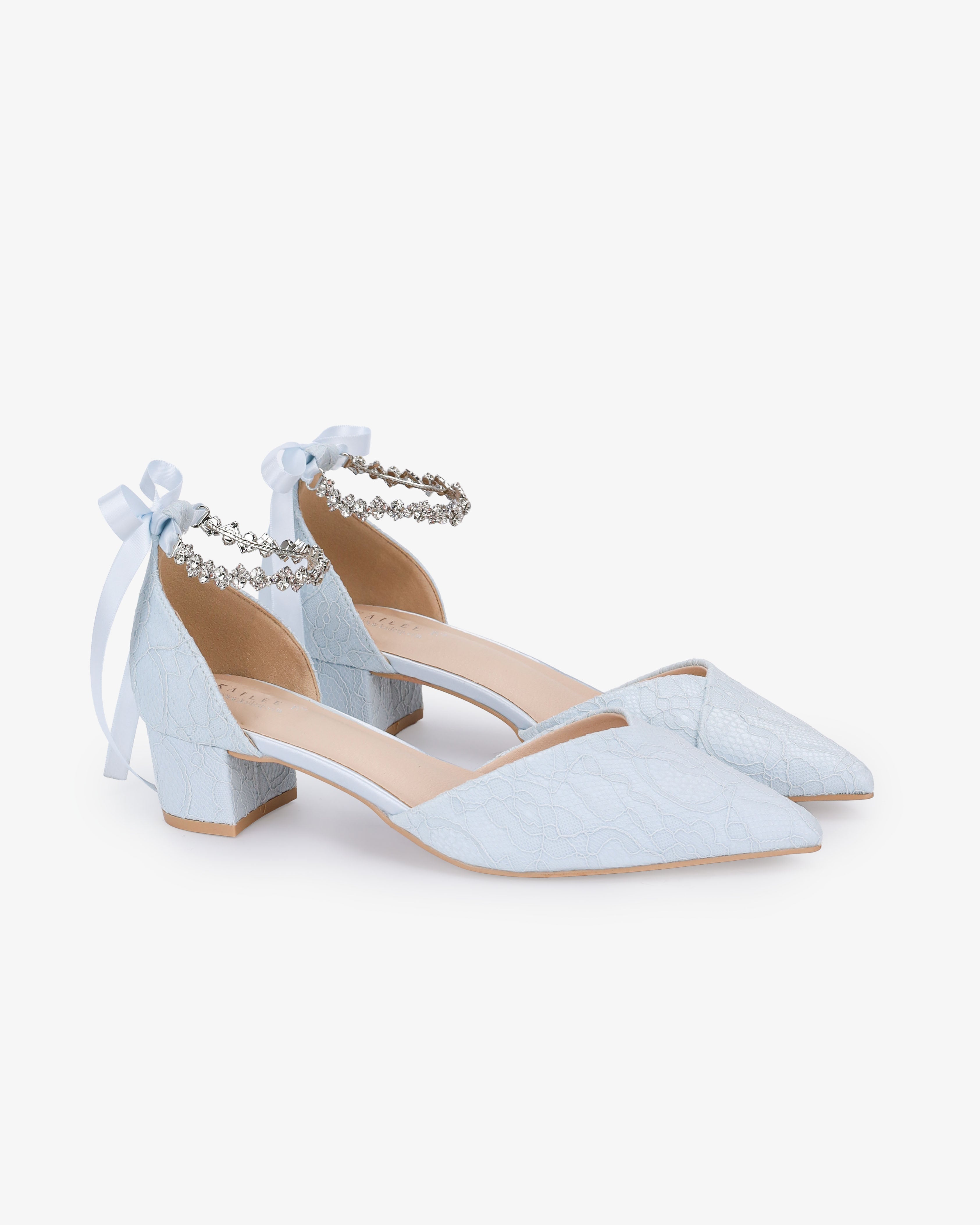 Lace Pointy Toe Low Block Heels Wedding Shoes with Amaryllis Strap