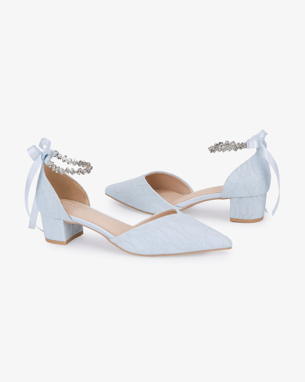 Lace Pointy Toe Low Block Heels Wedding Shoes with Amaryllis Strap