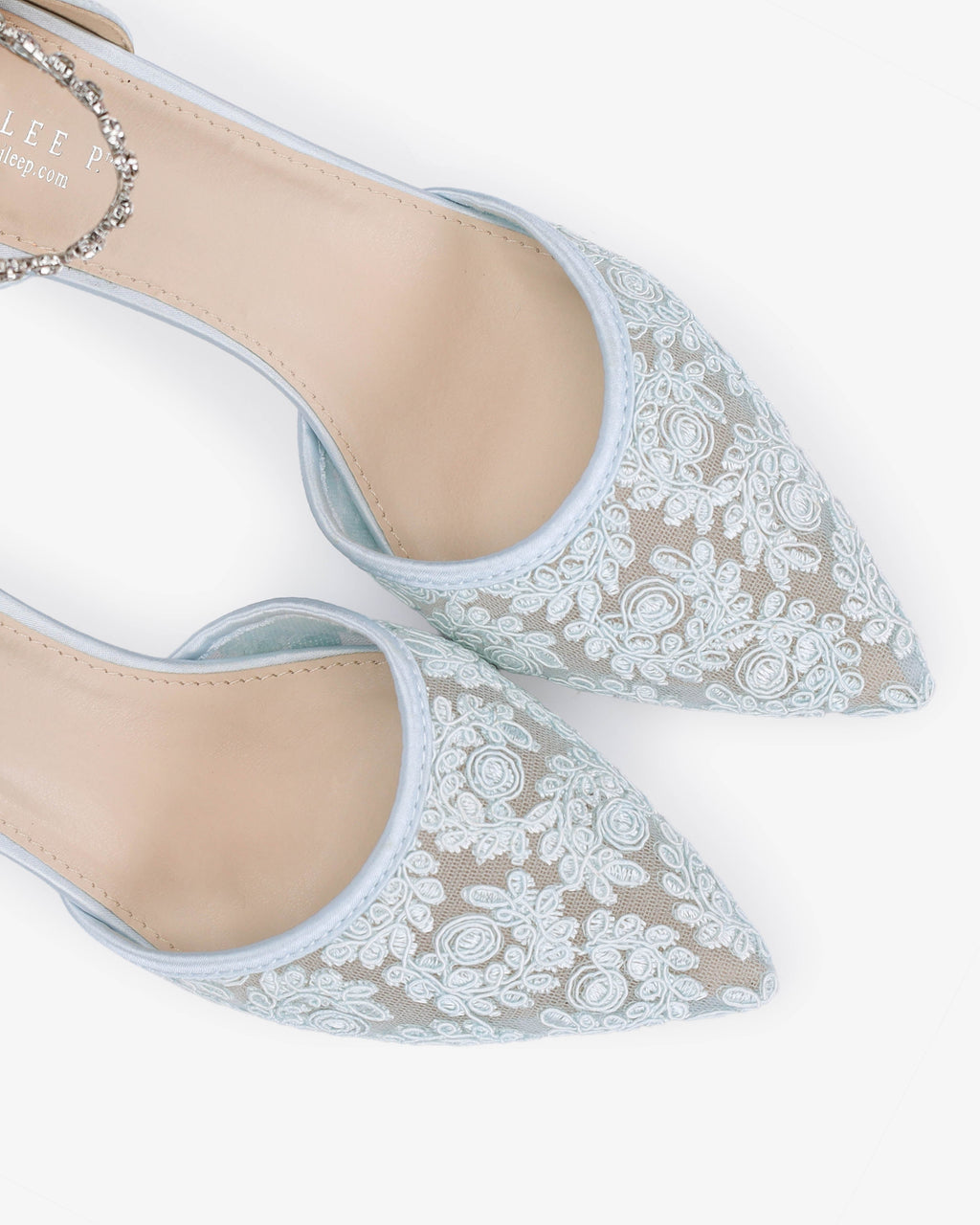 Crochet Lace Pointy Toe Wedding Kitten Low Heel with Amaryllis Strap