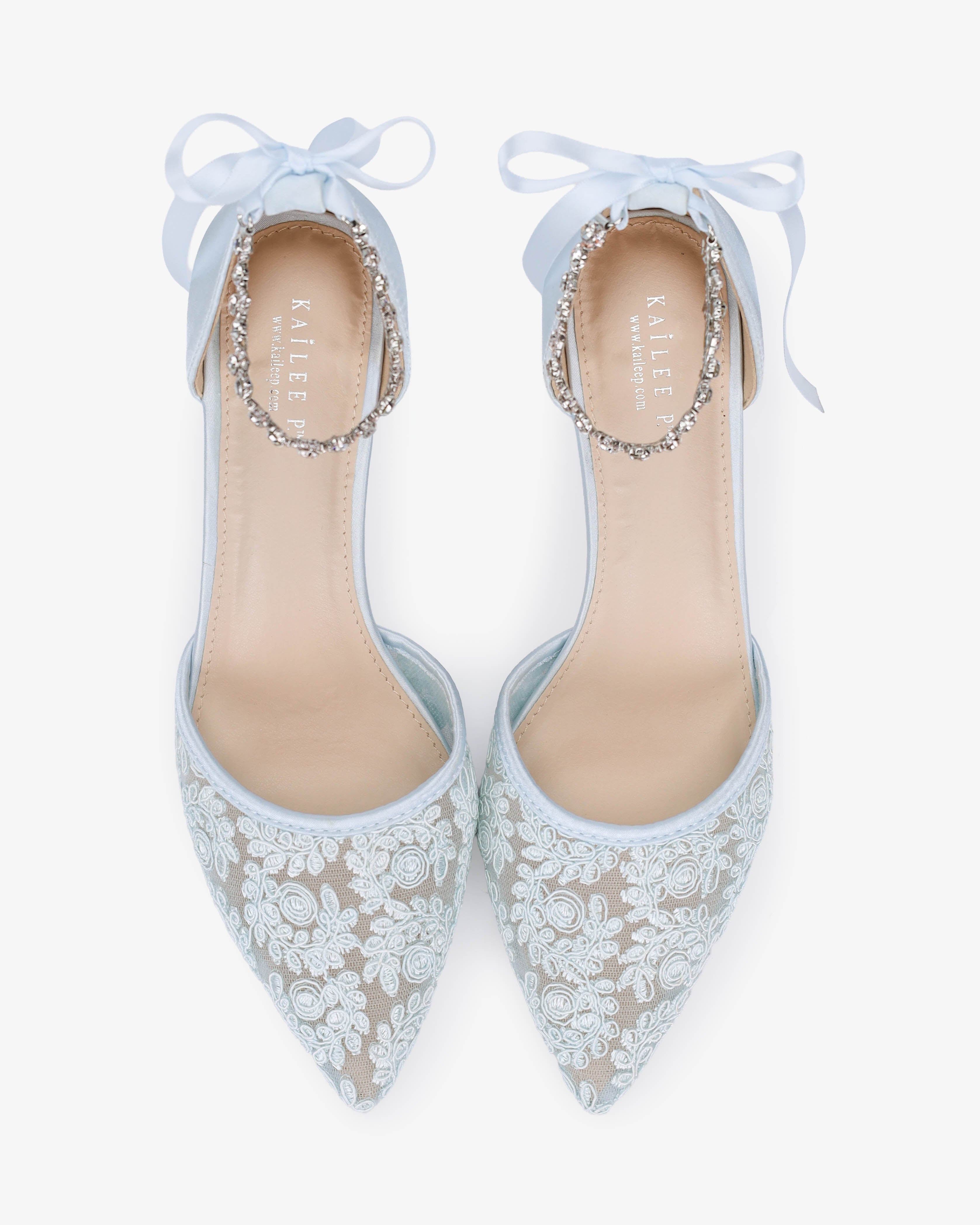 Crochet Lace Pointy Toe Wedding Kitten Low Heel with Amaryllis Strap