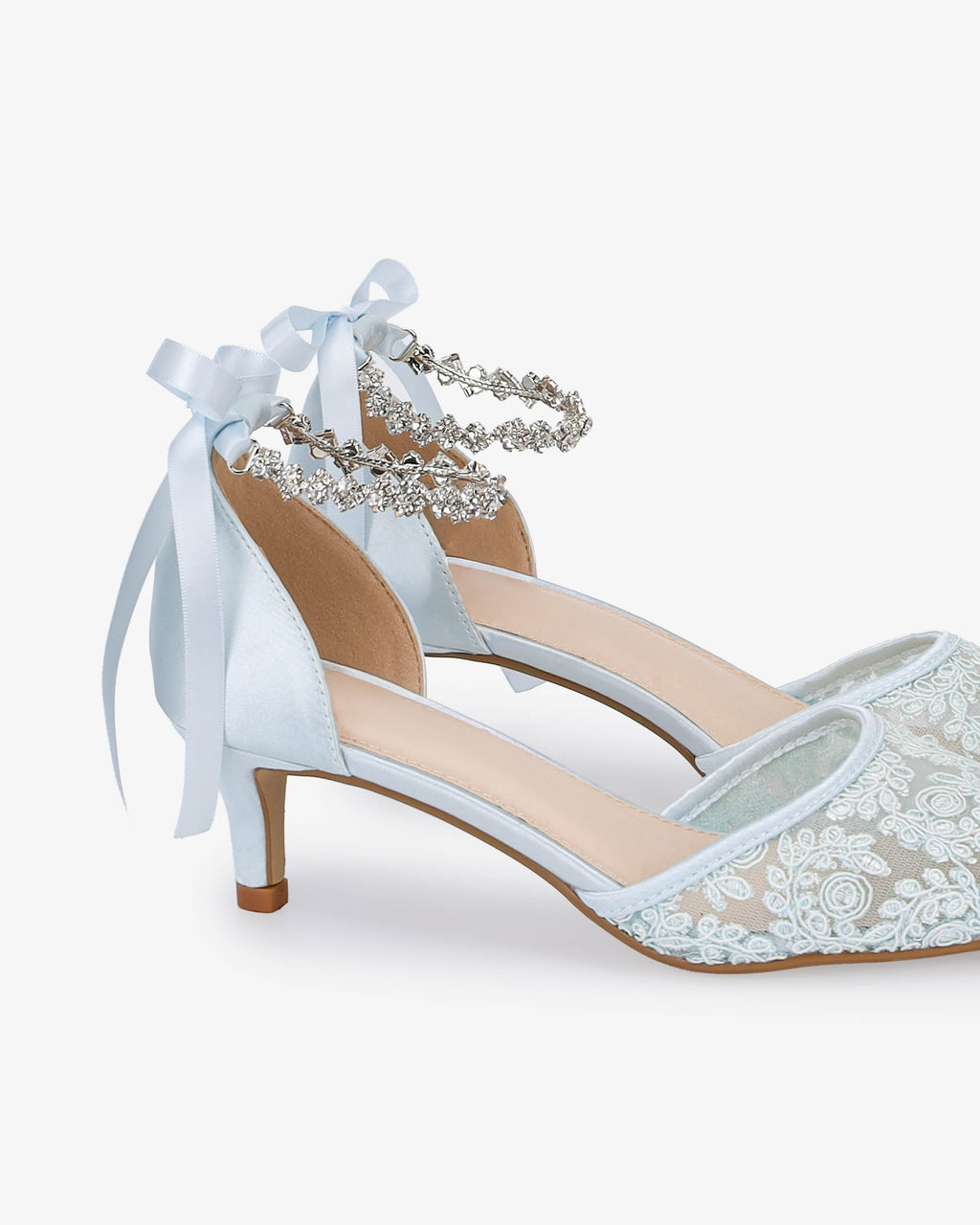 Crochet Lace Pointy Toe Wedding Kitten Low Heel with Amaryllis Strap