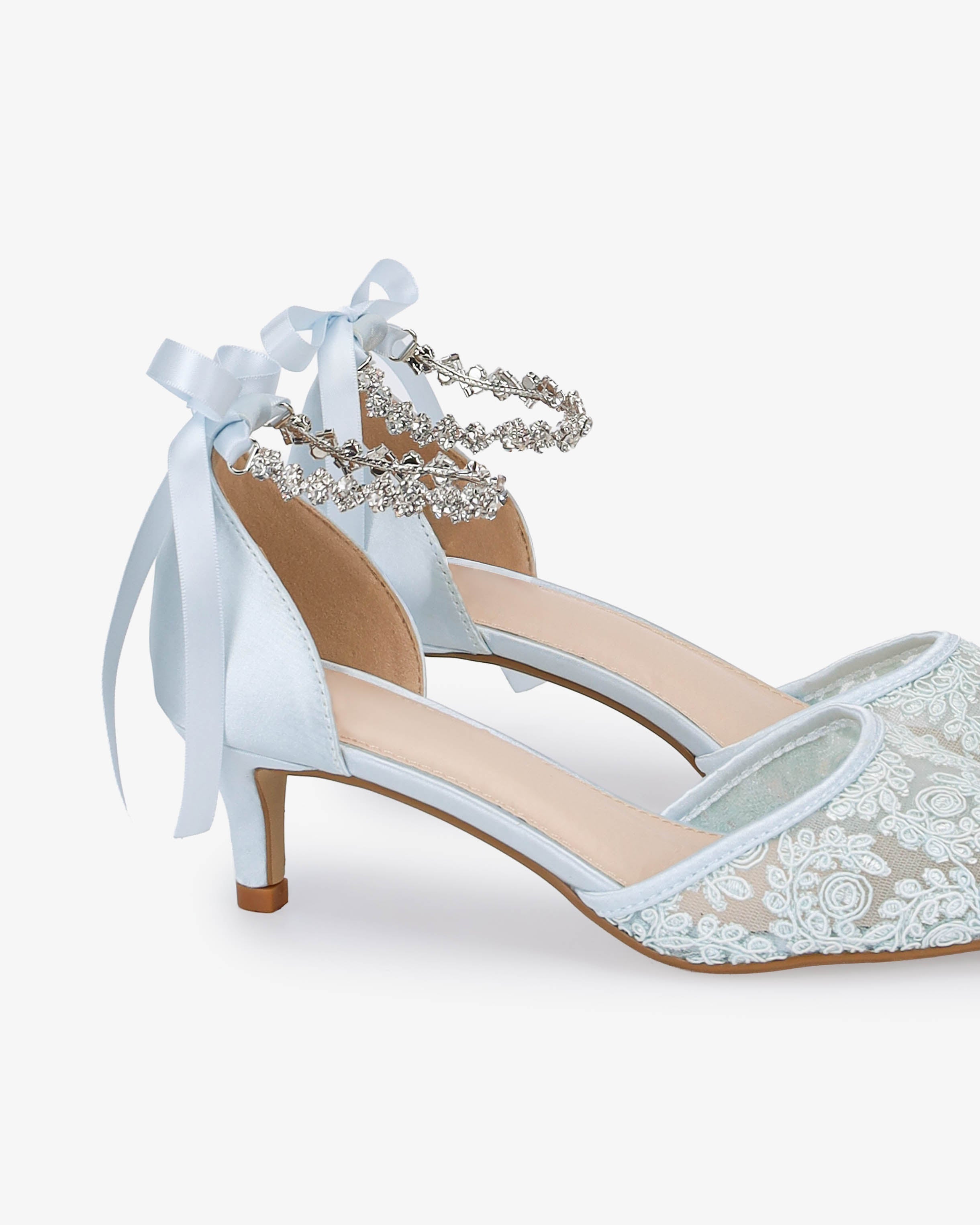 Crochet Lace Pointy Toe Wedding Kitten Low Heel with Amaryllis Strap
