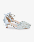 Crochet Lace Pointy Toe Wedding Kitten Low Heel with Amaryllis Strap