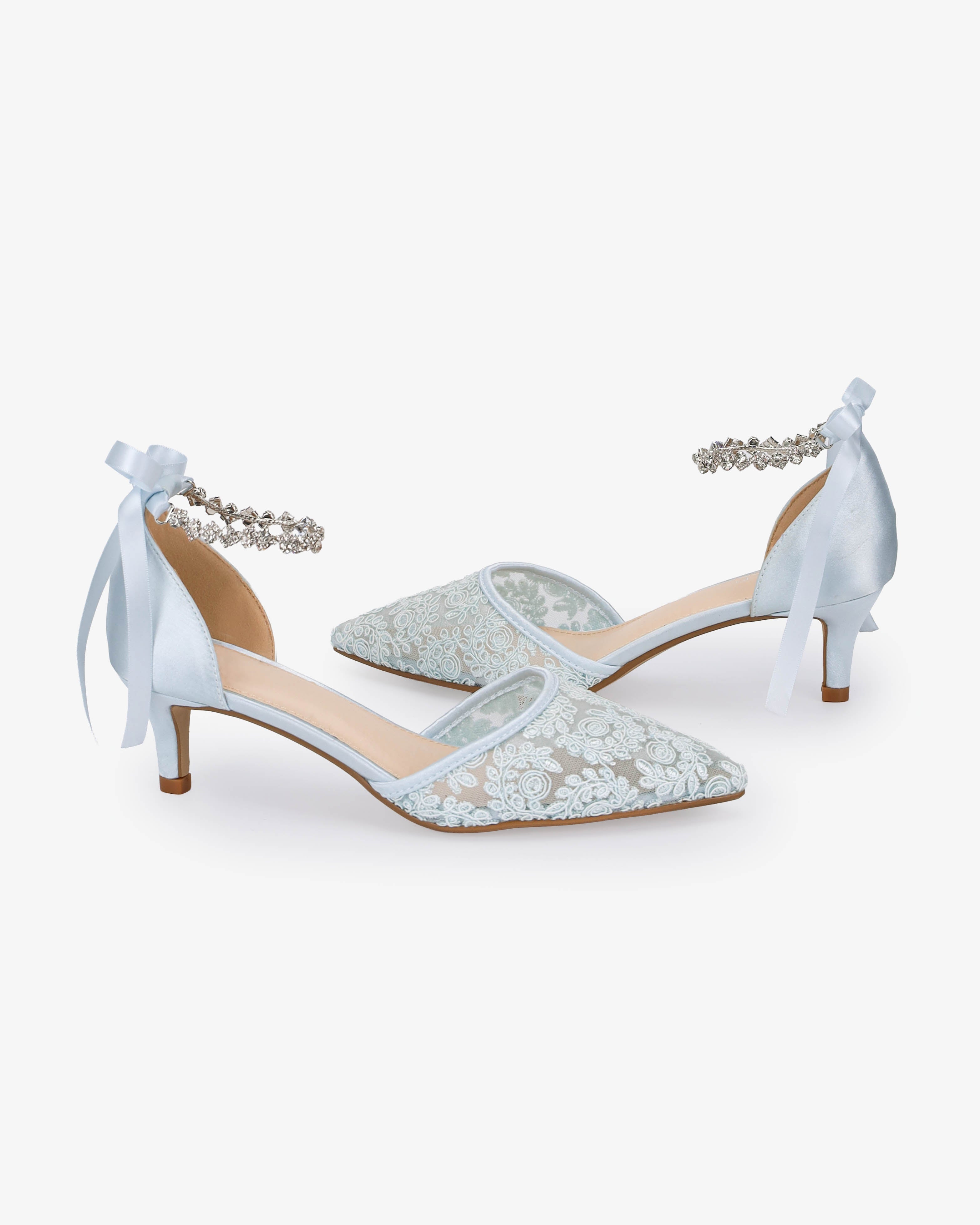 Crochet Lace Pointy Toe Wedding Kitten Low Heel with Amaryllis Strap