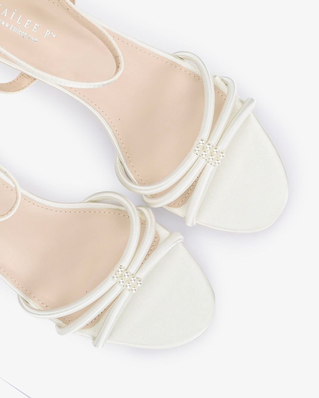 Satin Strappy Kitten Heel Wedding Sandals with Pearls Accents