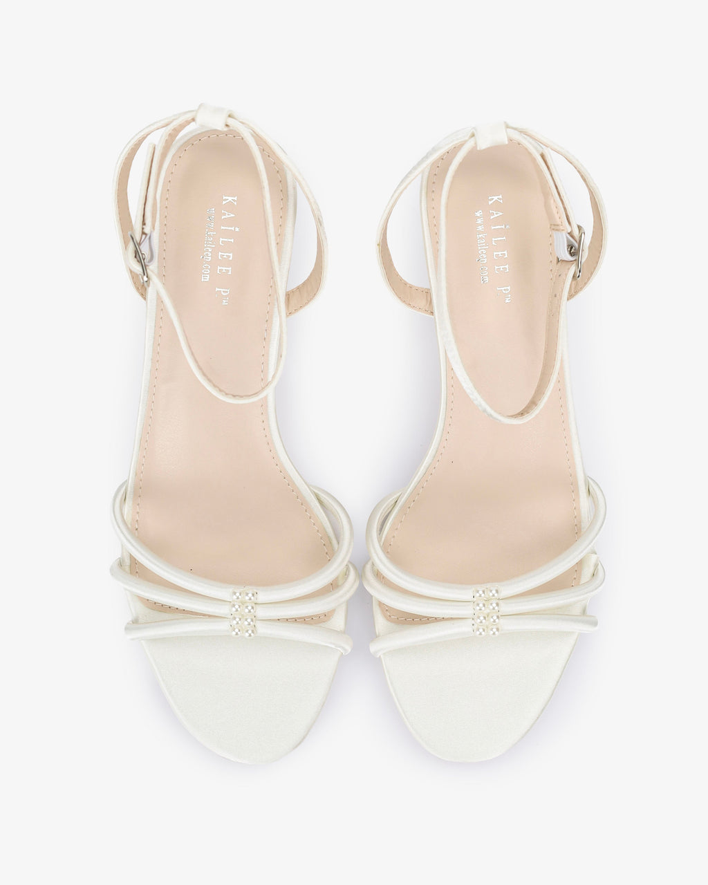 Satin Strappy Kitten Heel Wedding Sandals with Pearls Accents