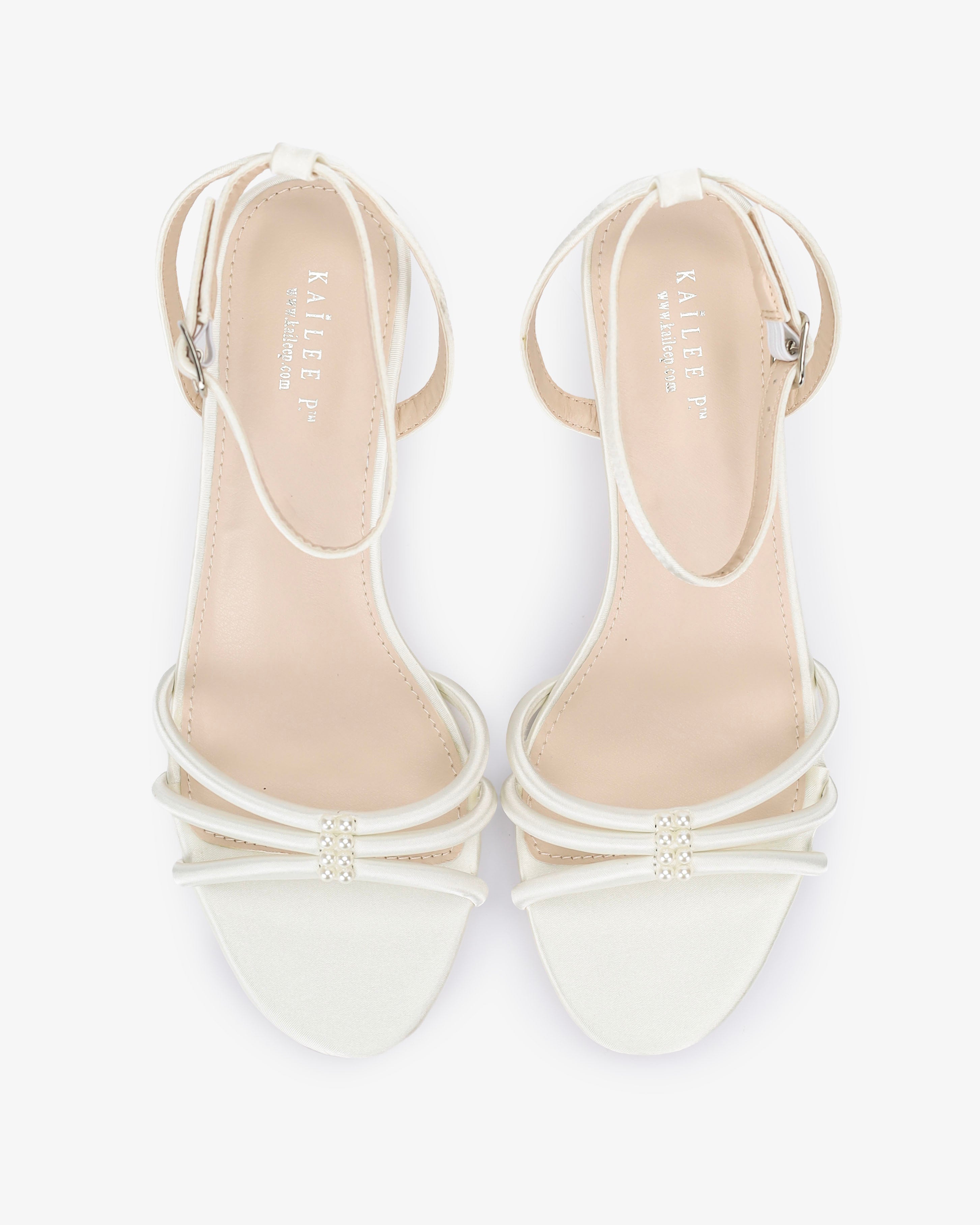 Satin Strappy Kitten Heel Wedding Sandals with Pearls Accents