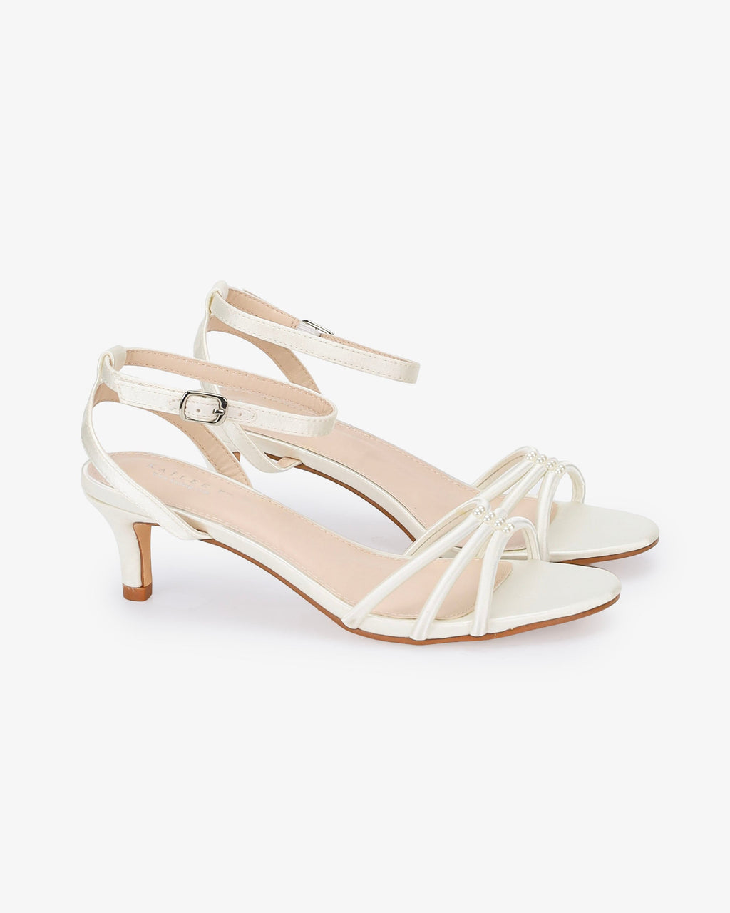 Satin Strappy Kitten Heel Wedding Sandals with Pearls Accents