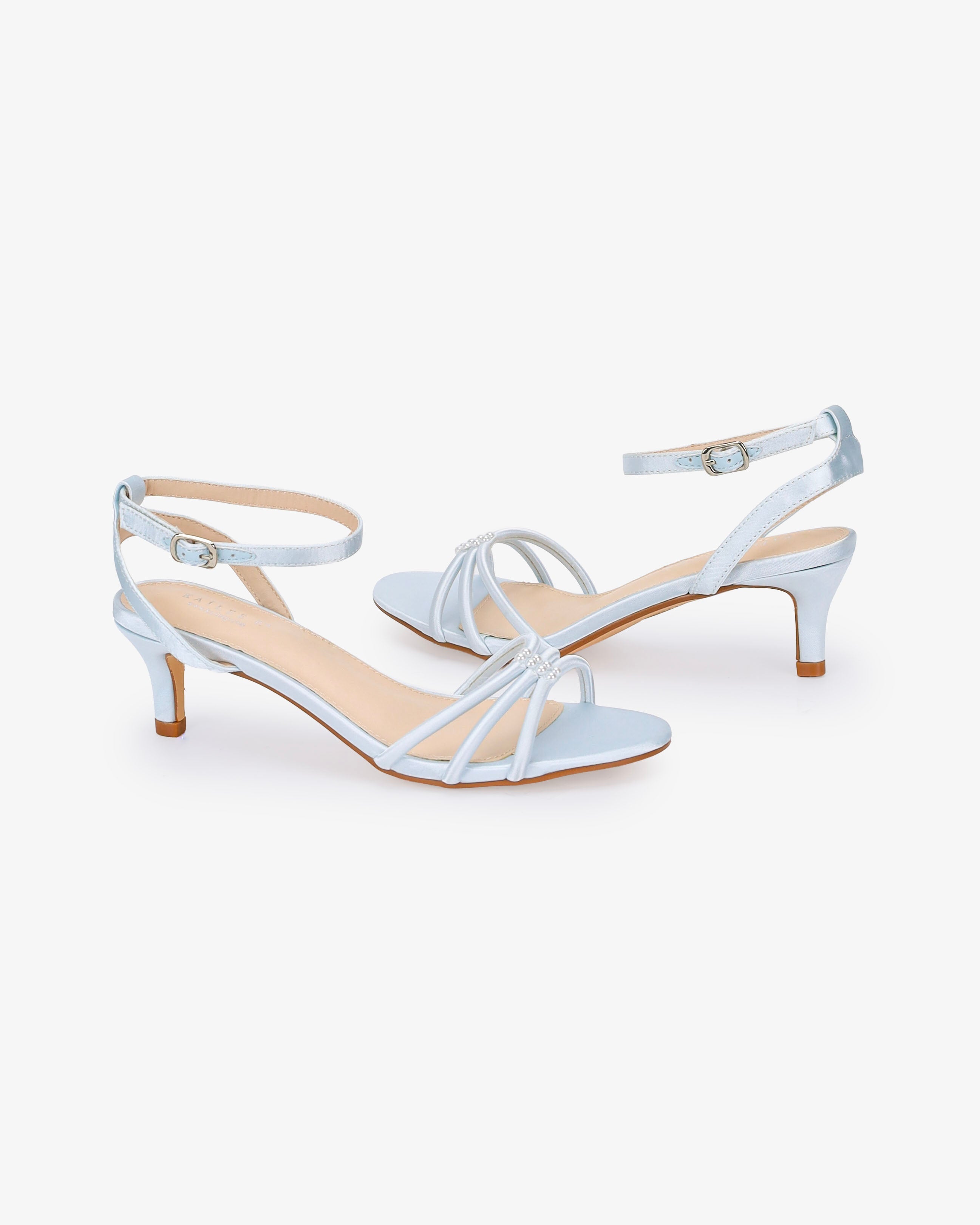 Satin Strappy Kitten Heel Wedding Sandals with Pearls Accents