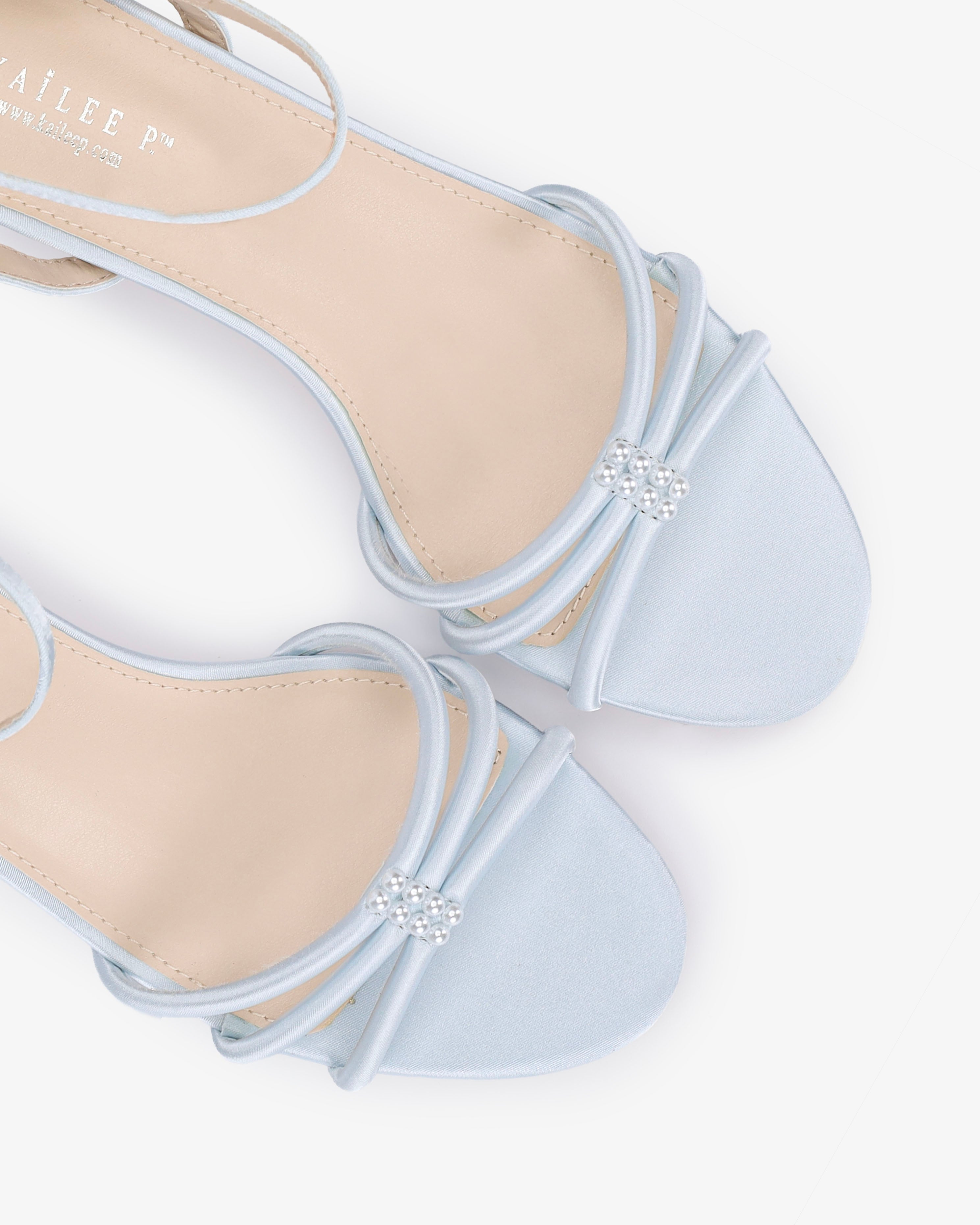 Satin Strappy Kitten Heel Wedding Sandals with Pearls Accents