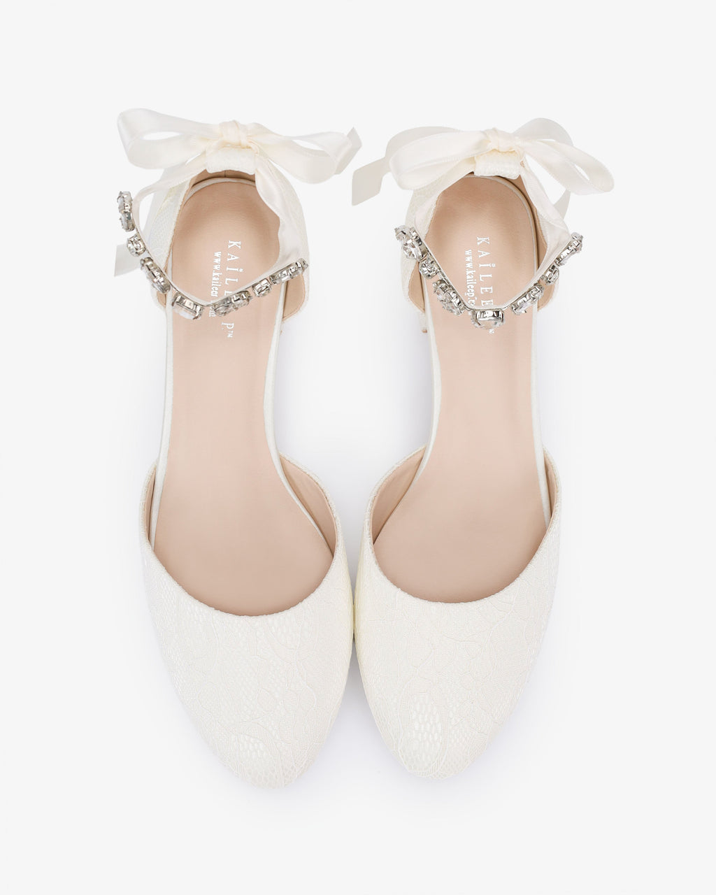 Lace Round Toe Low Block Heel Wedding Shoes with Navette Cluster Rhinestones Strap