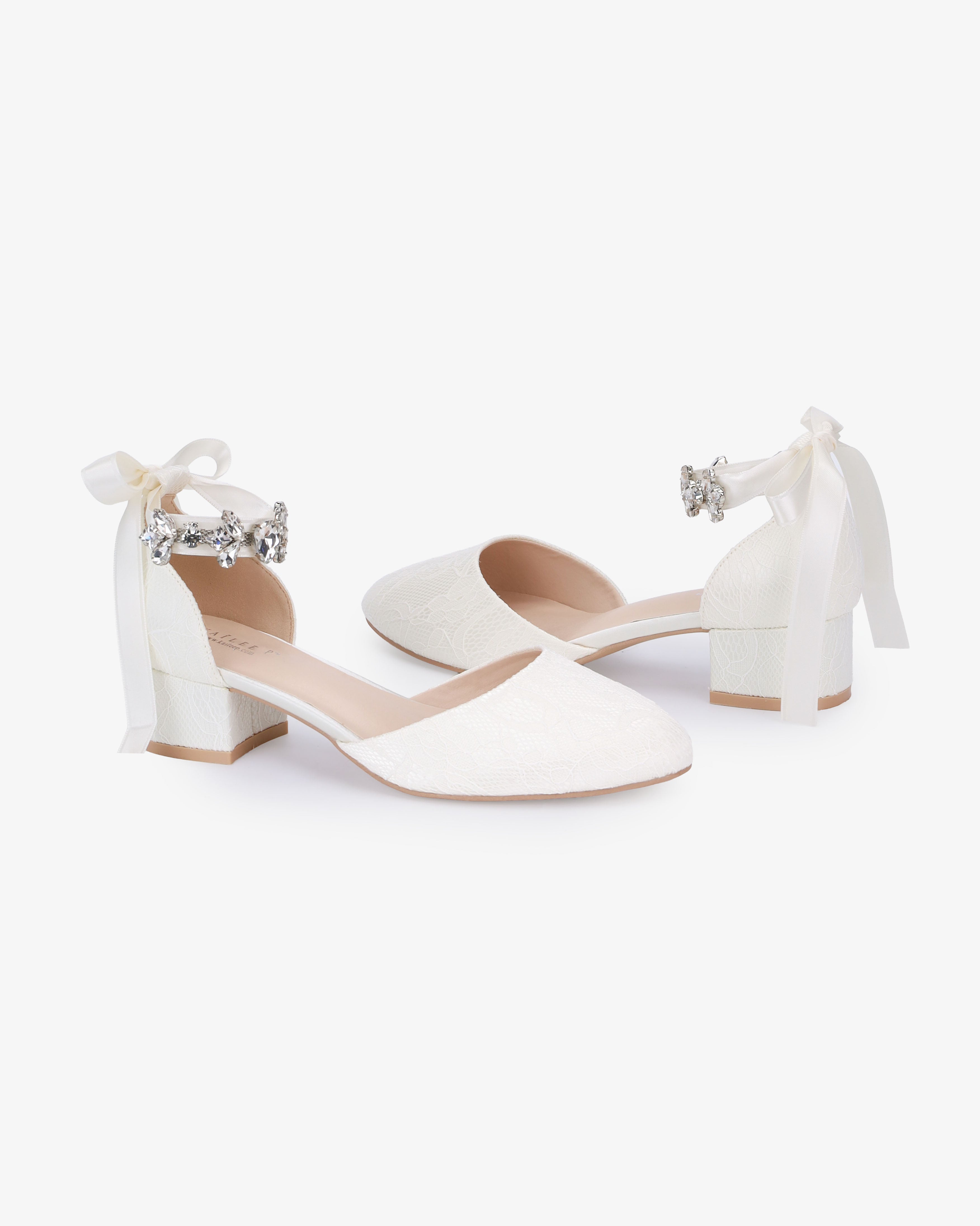 Lace Round Toe Low Block Heel Wedding Shoes with Navette Cluster Rhinestones Strap