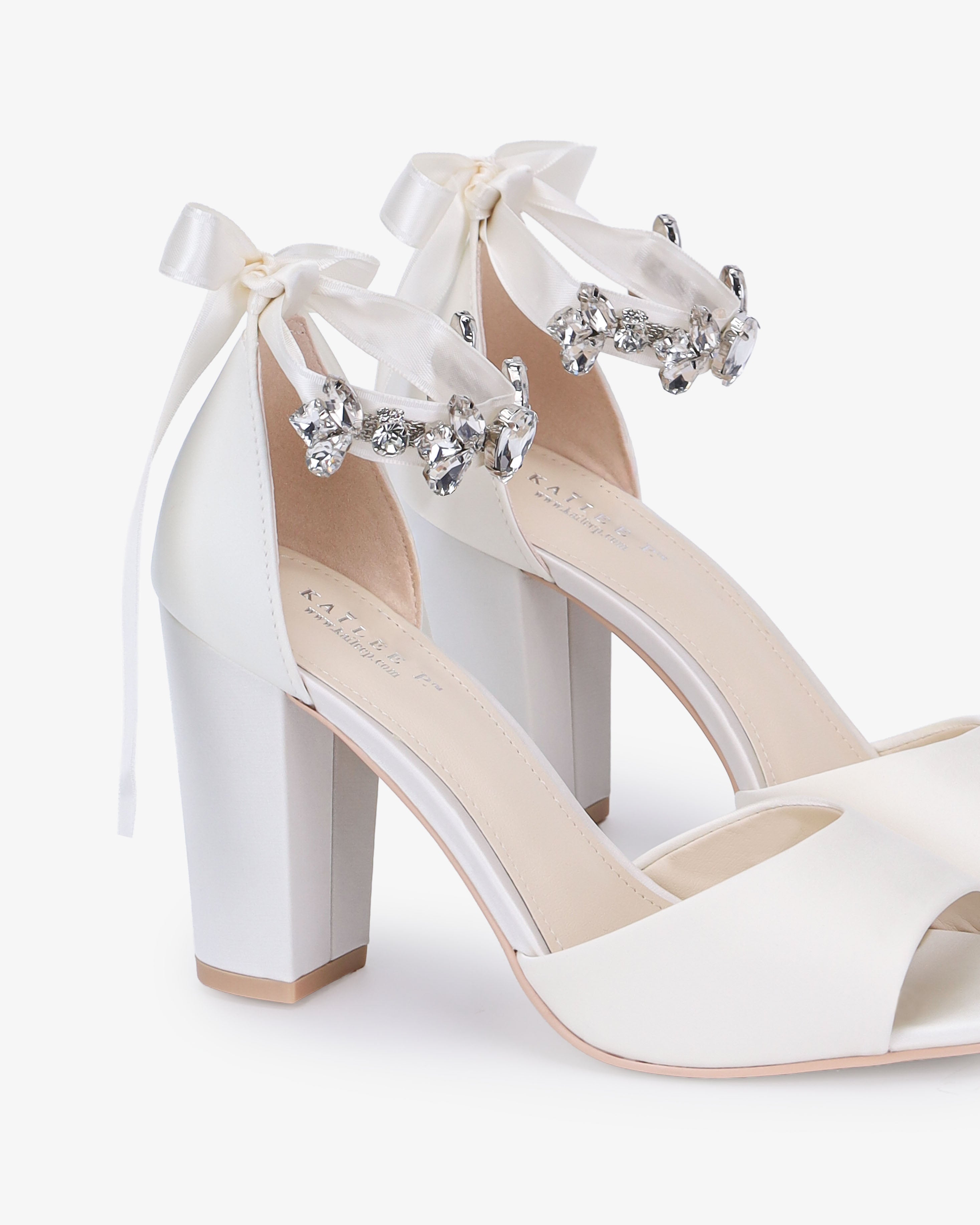 Satin Block Heel Wedding Sandals with Navette Cluster Rhinestones Strap