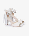 Satin Block Heel Wedding Sandals with Navette Cluster Rhinestones Strap