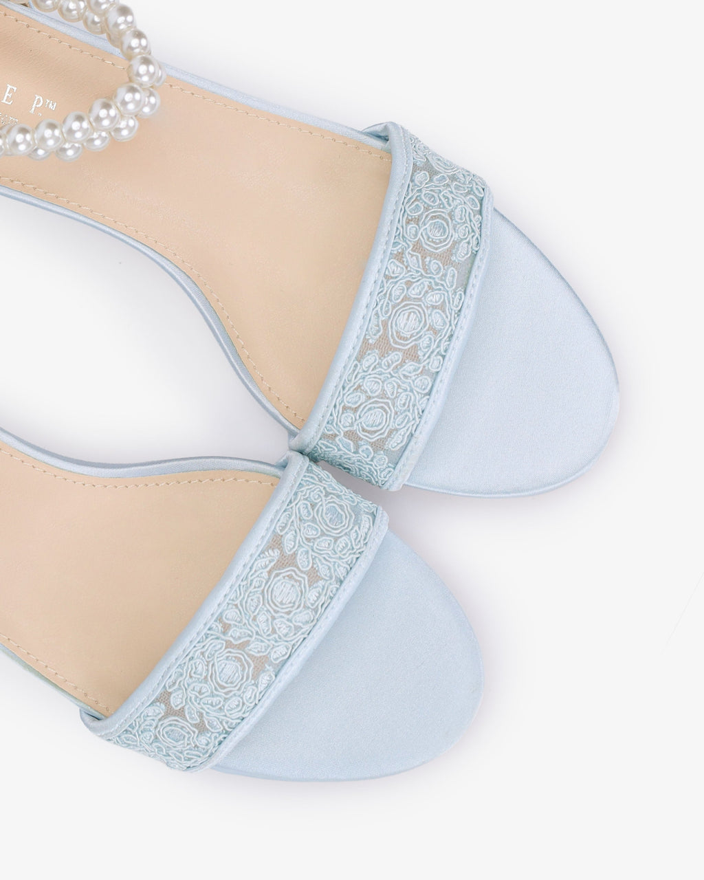 Crochet Lace Block Heel Wedding Sandals with Double Pearl Ankle Strap