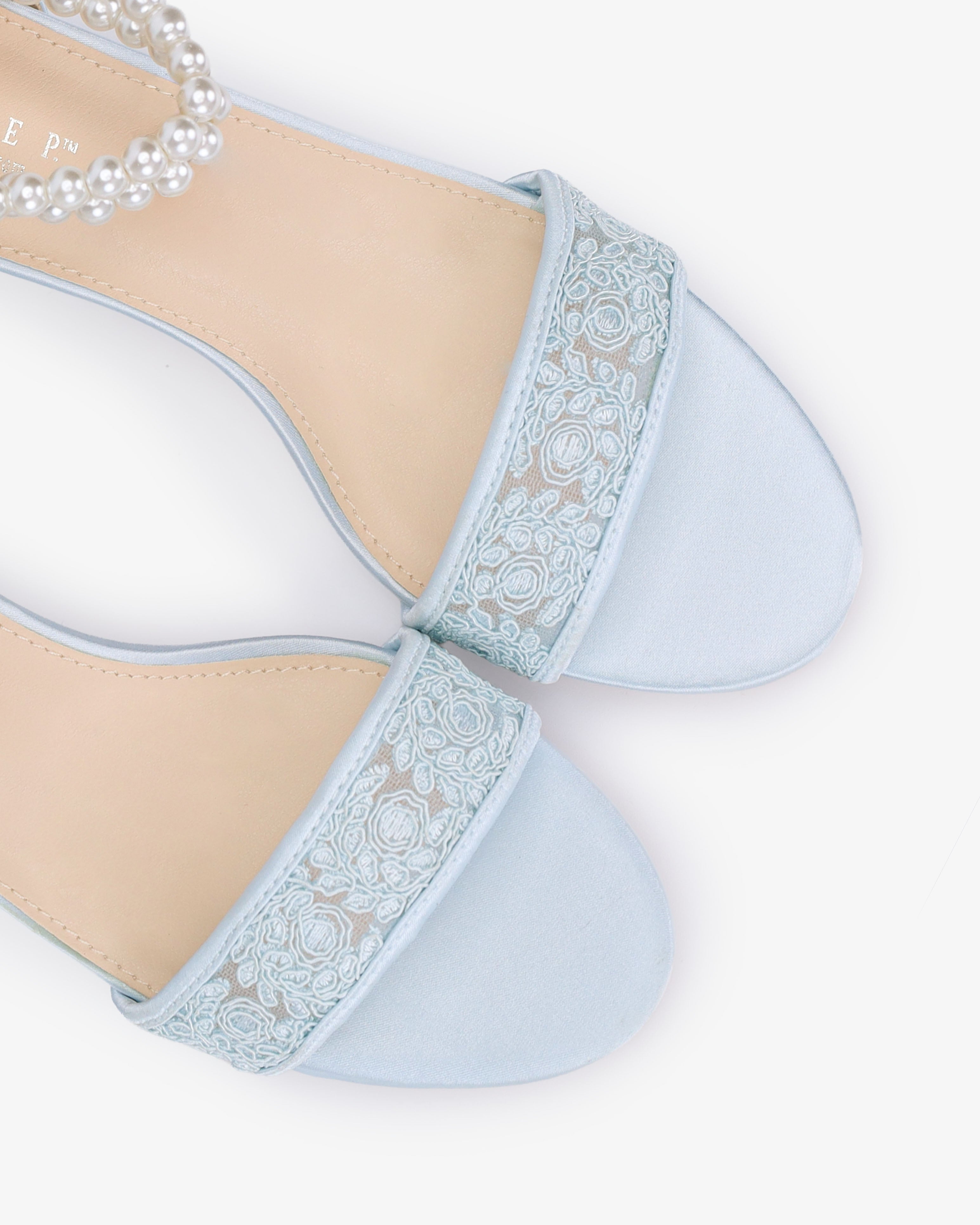 Crochet Lace Block Heel Wedding Sandals with Double Pearl Ankle Strap