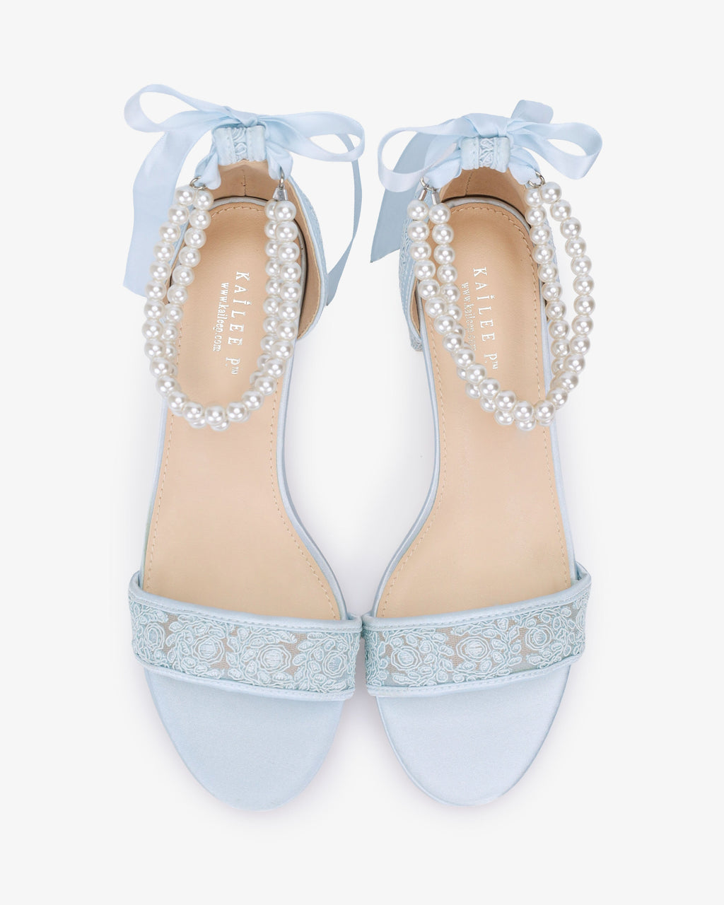 Crochet Lace Block Heel Wedding Sandals with Double Pearl Ankle Strap