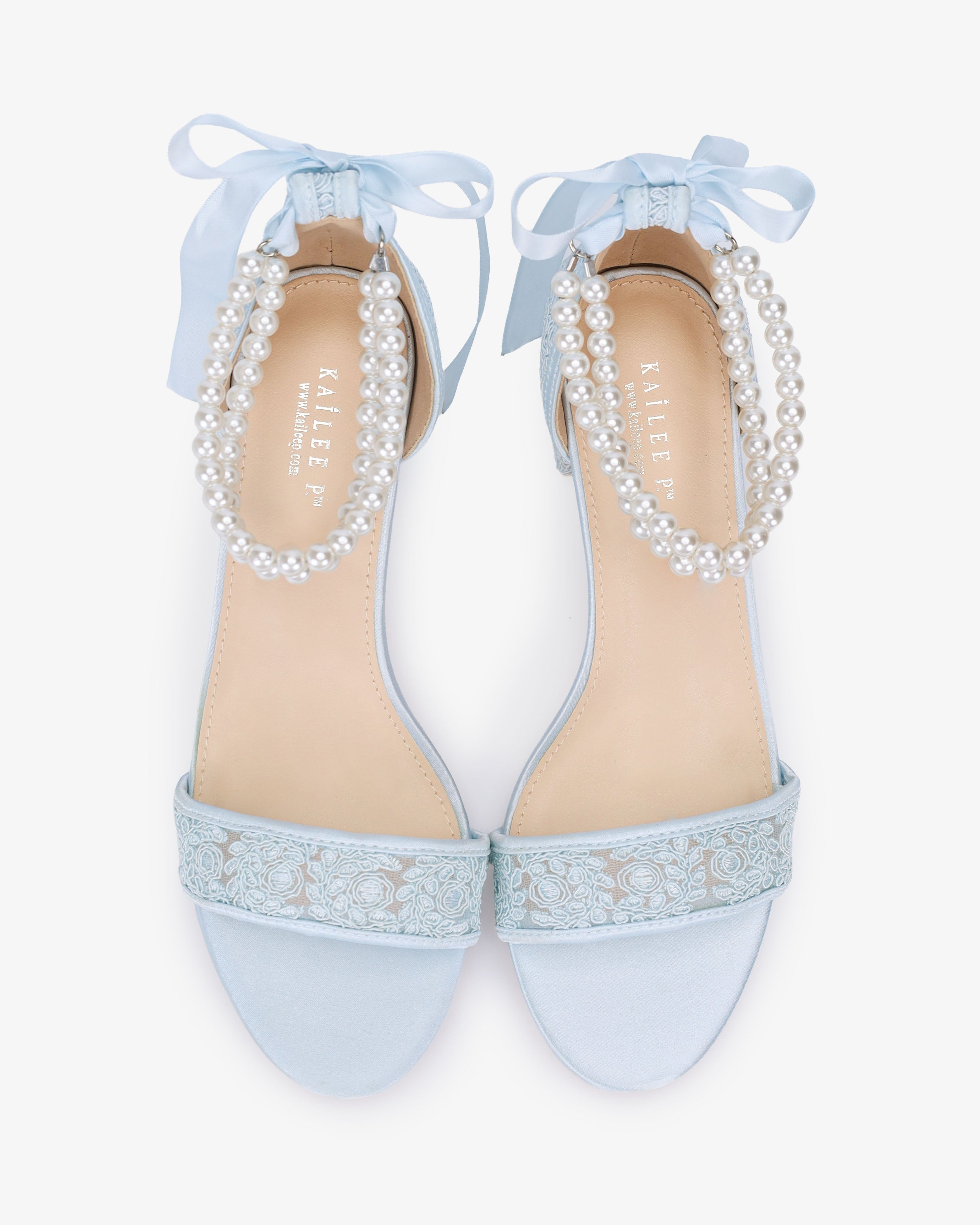 Crochet Lace Block Heel Wedding Sandals with Double Pearl Ankle Strap