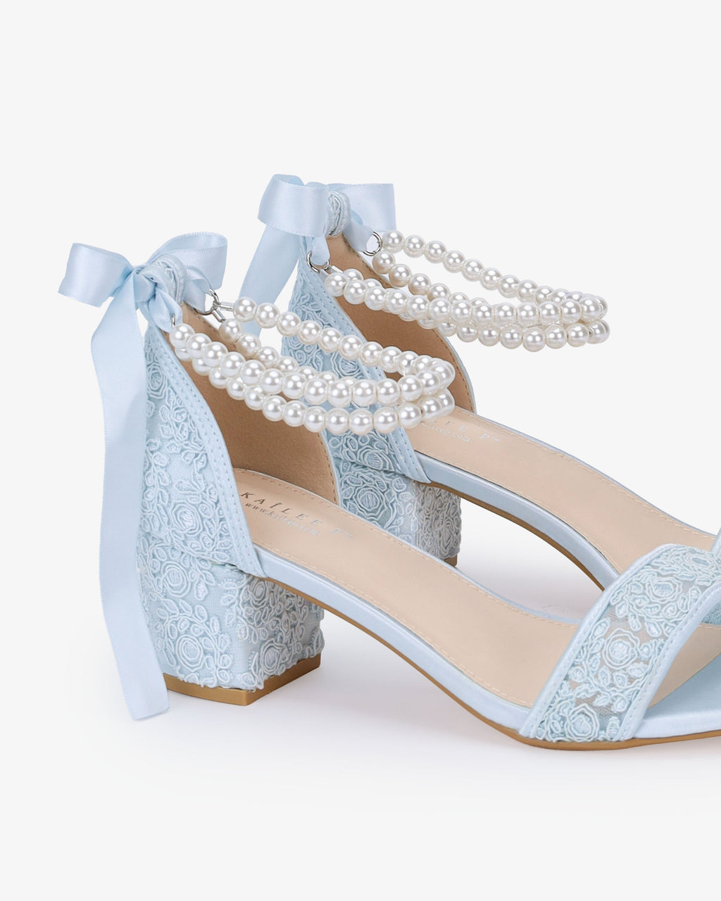 Crochet Lace Block Heel Wedding Sandals with Double Pearl Ankle Strap