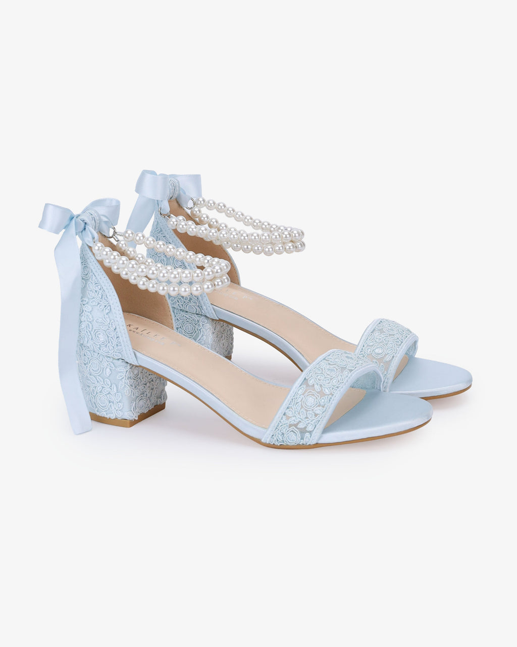 Crochet Lace Block Heel Wedding Sandals with Double Pearl Ankle Strap