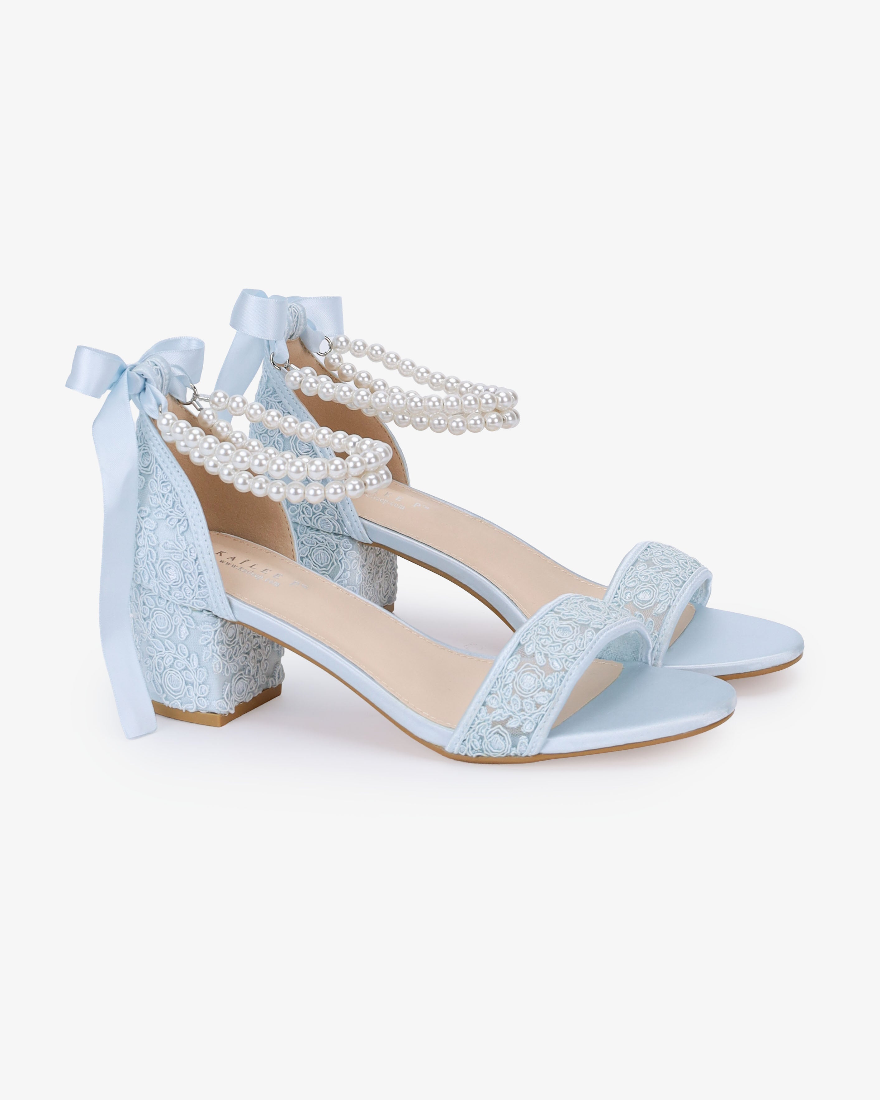 Crochet Lace Block Heel Wedding Sandals with Double Pearl Ankle Strap
