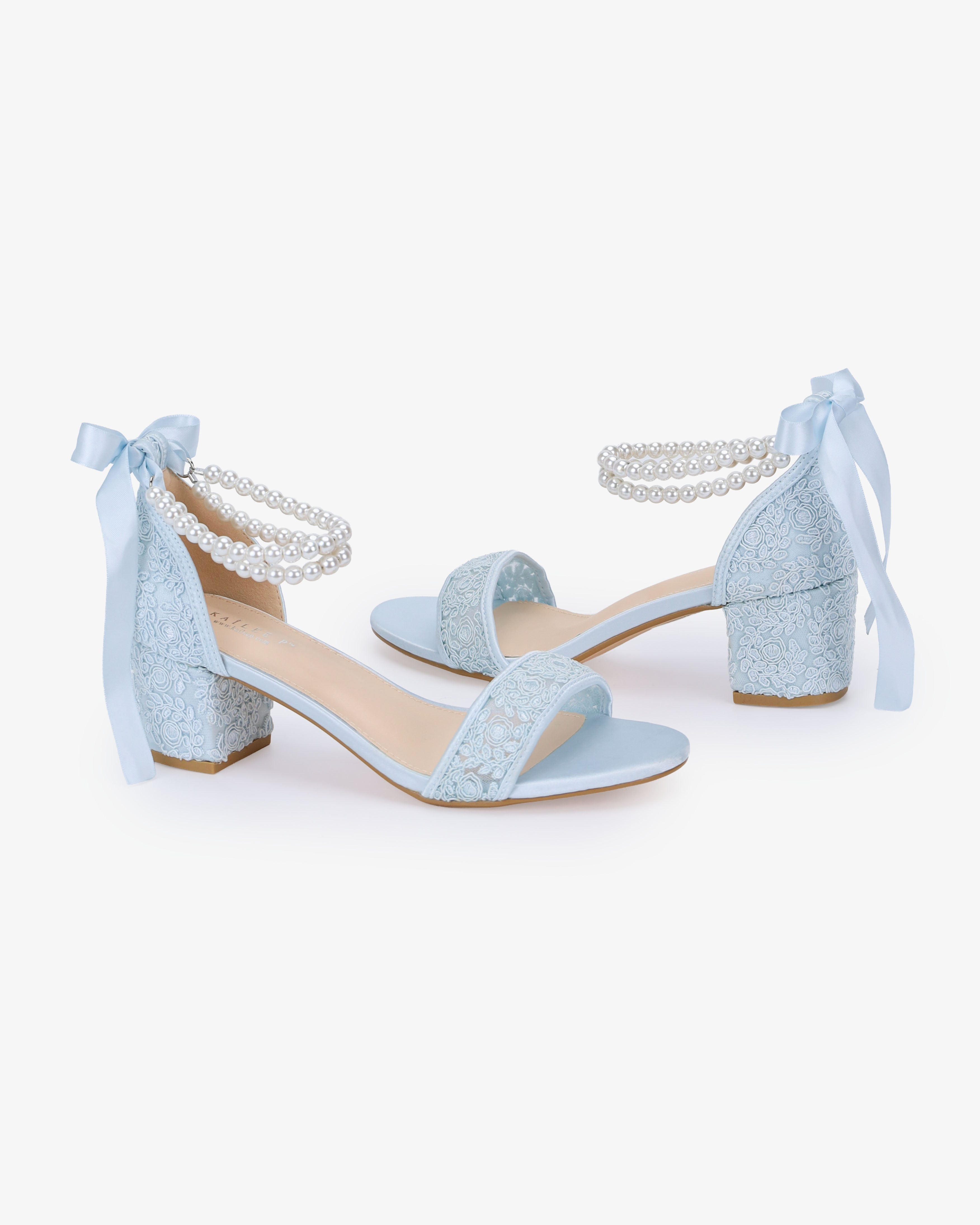 Crochet Lace Block Heel Wedding Sandals with Double Pearl Ankle Strap