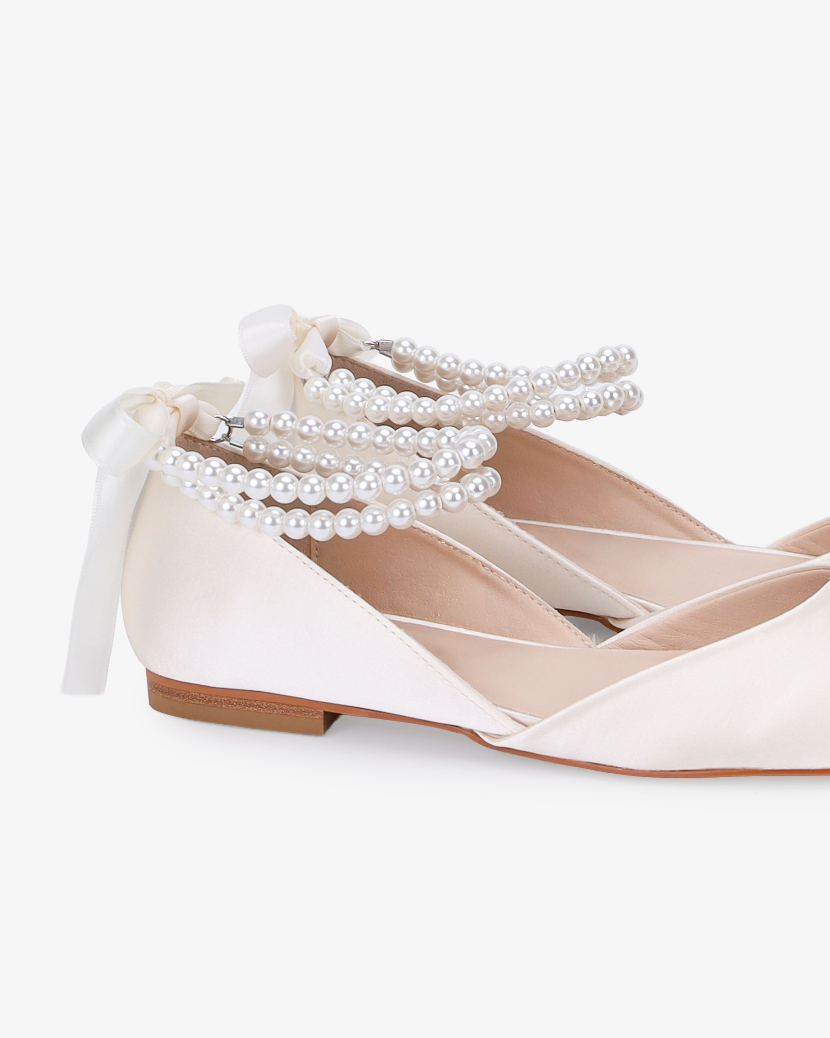 Satin Round Toe Wedding Flat with Double Pearls Ankle Strap