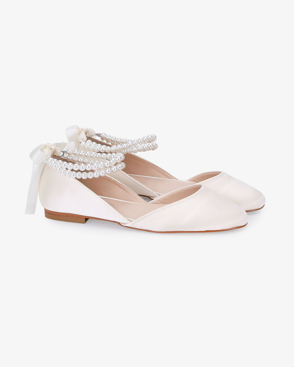 Satin Round Toe Wedding Flat with Double Pearls Ankle Strap