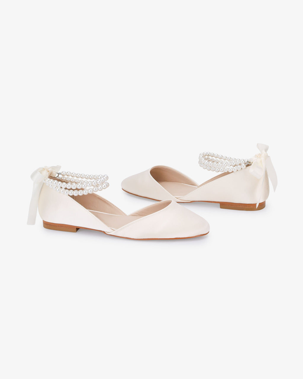 Satin Round Toe Wedding Flat with Double Pearls Ankle Strap