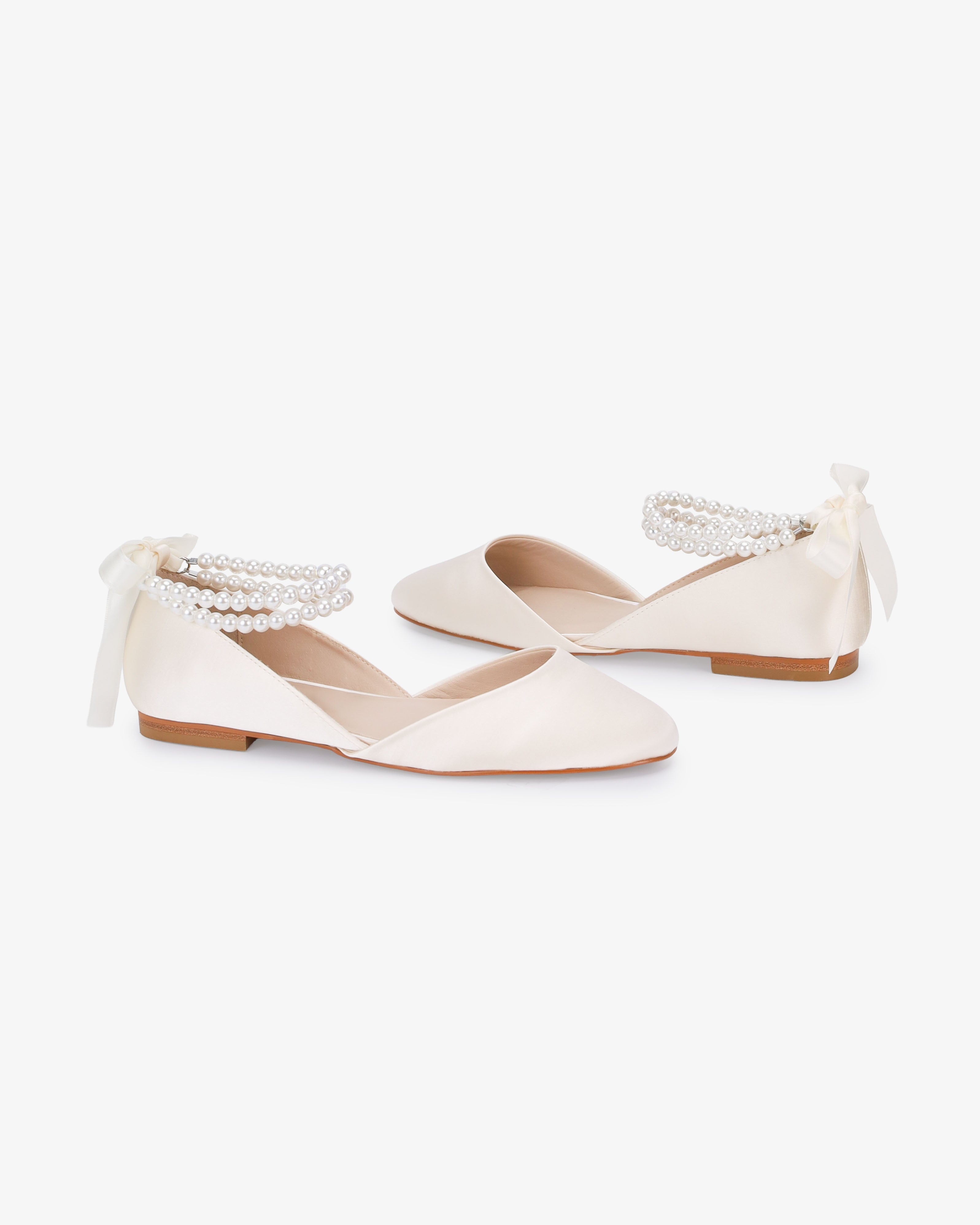 Satin Round Toe Wedding Flat with Double Pearls Ankle Strap