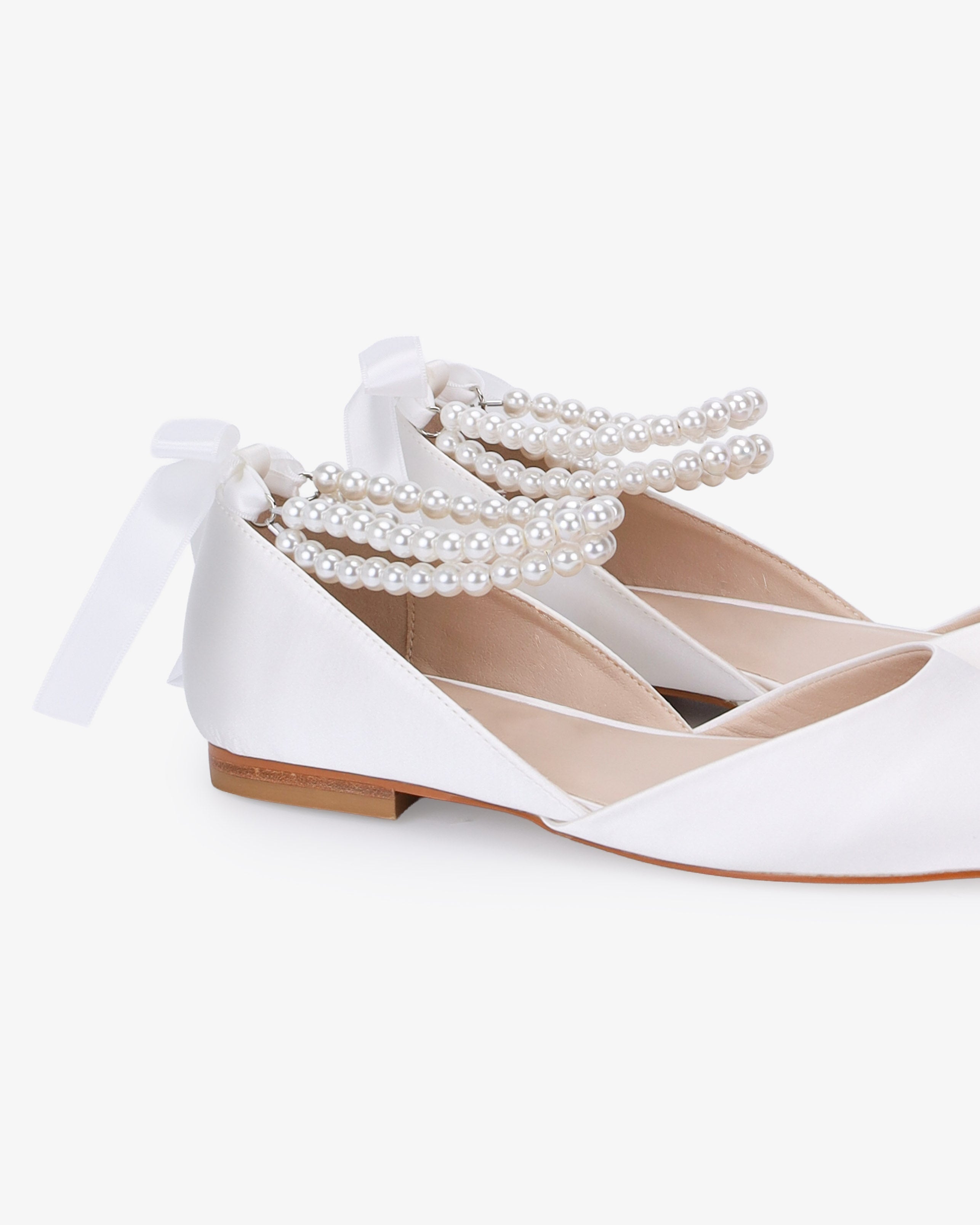 Satin Round Toe Wedding Flat with Double Pearls Ankle Strap